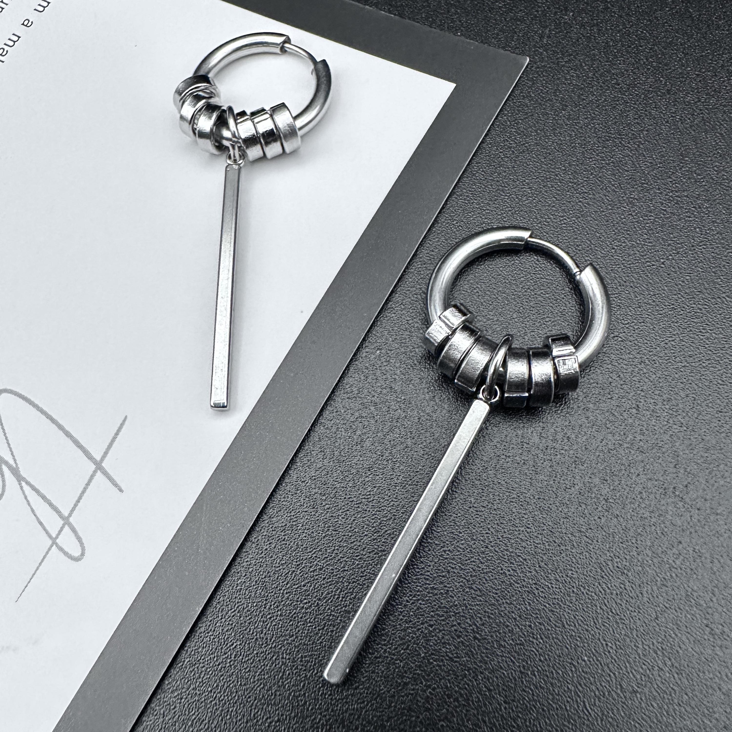 Silver Hoop Bar Earrings | Mechanical Soft-Industrial Unisex Earrings
