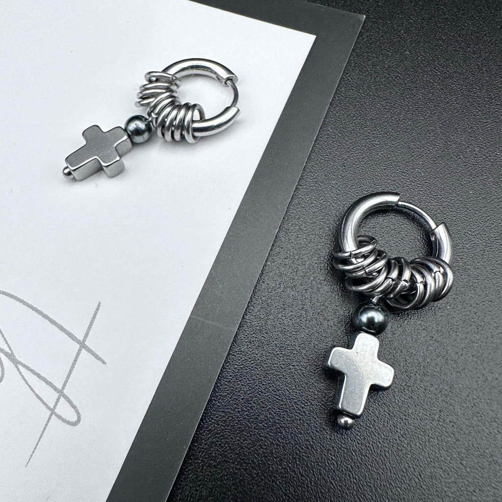 Hoop Cross Drop Earrings | Soft-Industrial Unisex Earrings with Strength