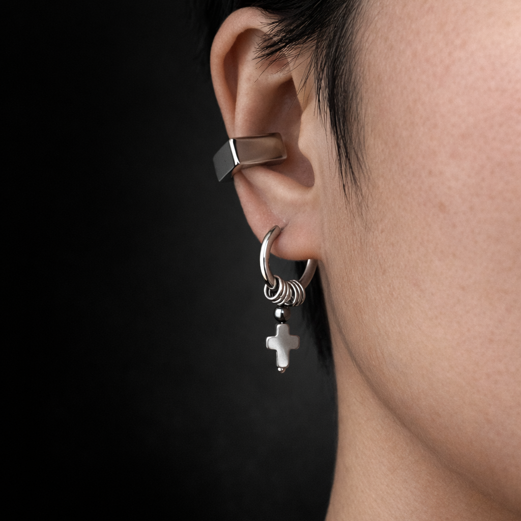 Hoop Cross Drop Earrings | Soft-Industrial Unisex Earrings with Strength