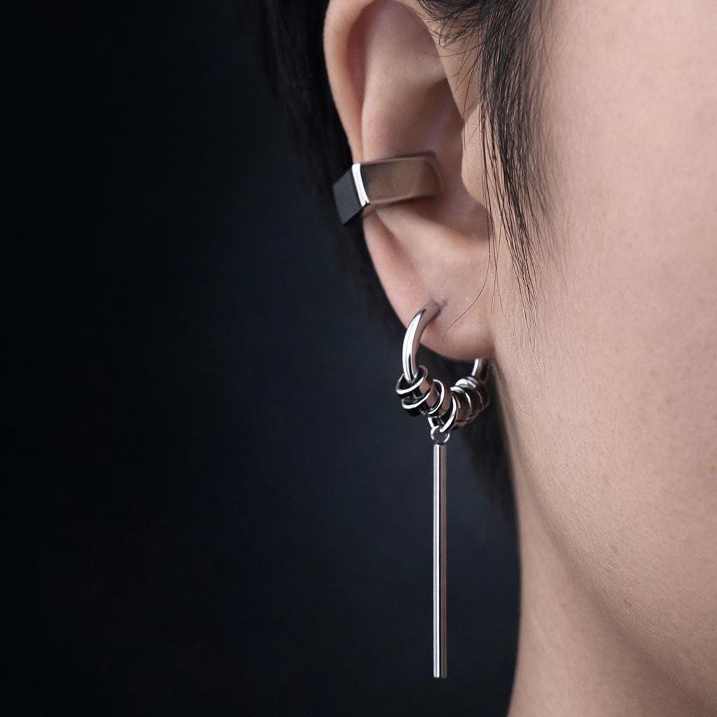 Silver Hoop Bar Earrings | Mechanical Soft-Industrial Unisex Earrings