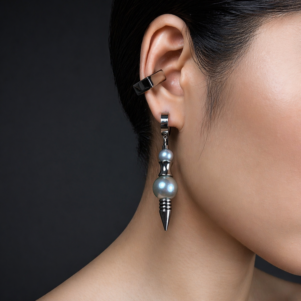 Cross Detail Pearl Necklace & Spike Drop Earrings Set | Soft Industrial Gender-Neutral Jewelry