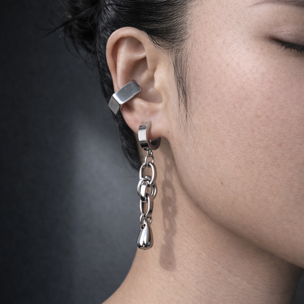 Heart Clasp Necklace & Teardrop Drop Earrings Set | Soft Industrial Gender-Neutral Jewelry