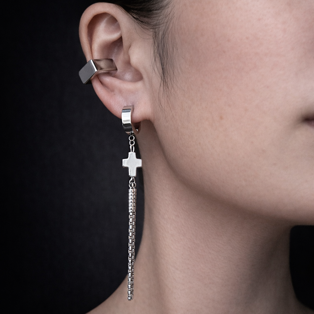 Hoop Cross Chain Earrings | Soft Industrial Gender-Neutral Jewelry