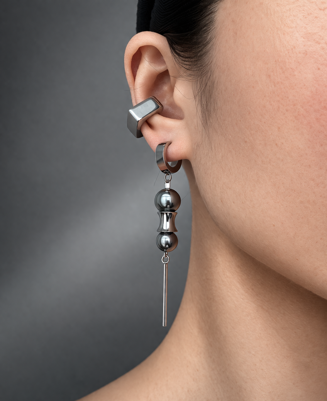 Toggle Clasp Pearl Chain Necklace & Long Bar Drop Earrings Set | Soft Industrial Gender-Neutral Jewelry