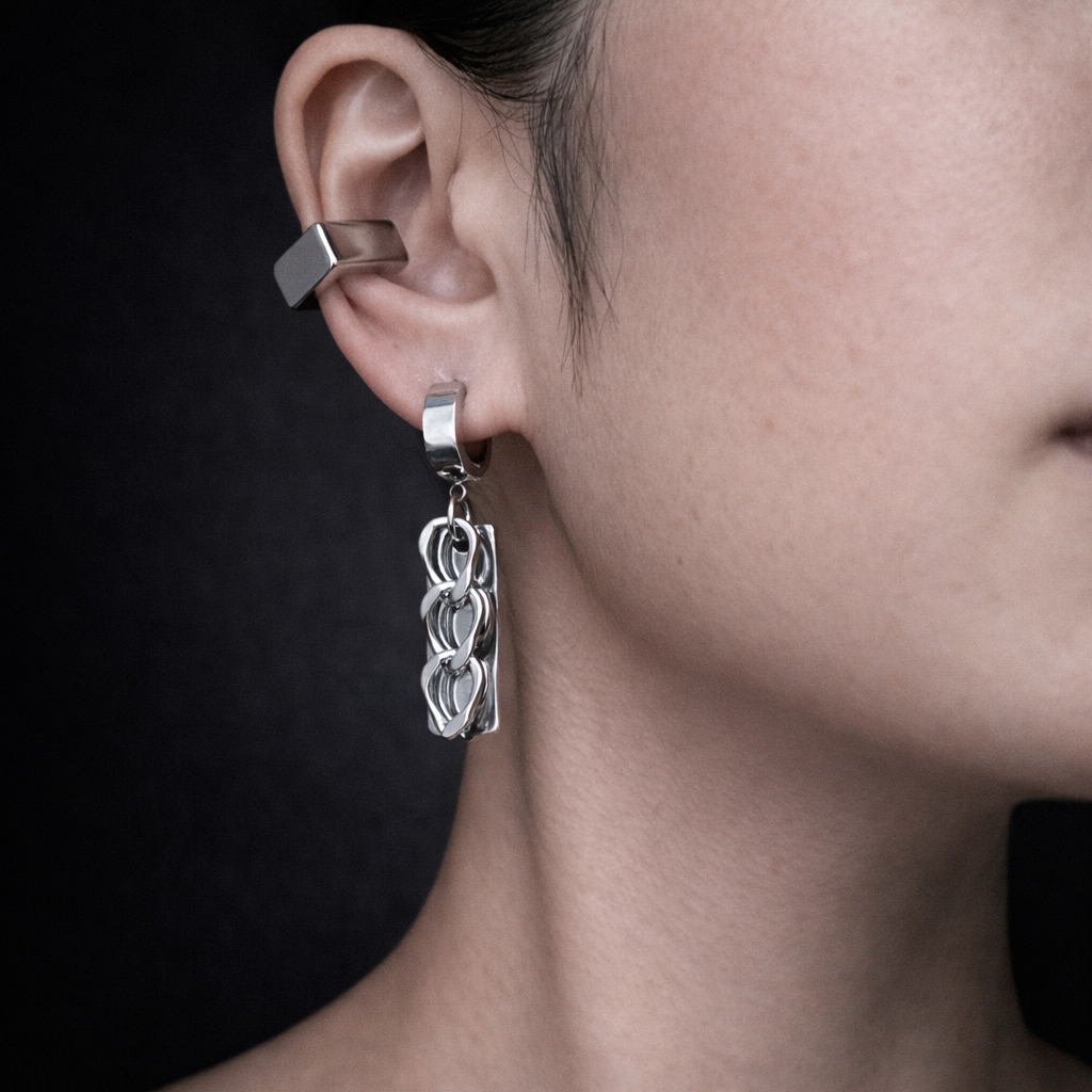 Hoop Asymmetrical Chain Earrings | Mechanical Soft Industrial Gender-Neutral Jewelry