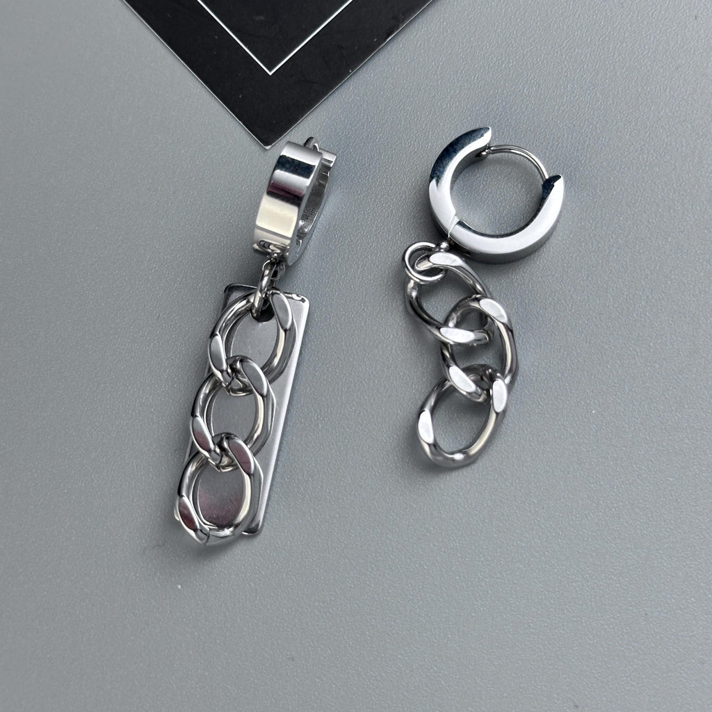 Hoop Asymmetrical Chain Earrings | Mechanical Soft Industrial Gender-Neutral Jewelry