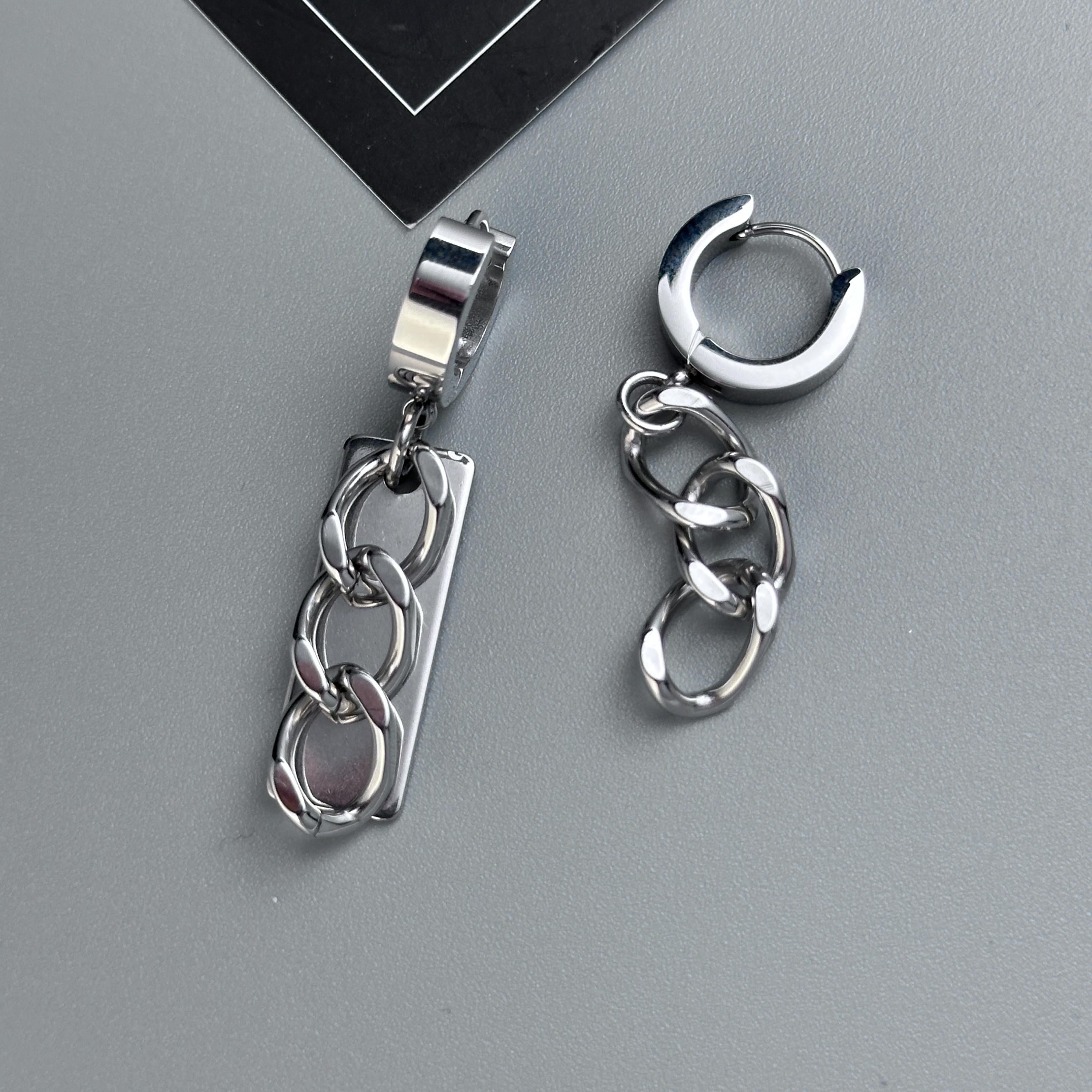 Hoop Asymmetrical Chain Earrings | Mechanical Soft Industrial Gender-Neutral Jewelry