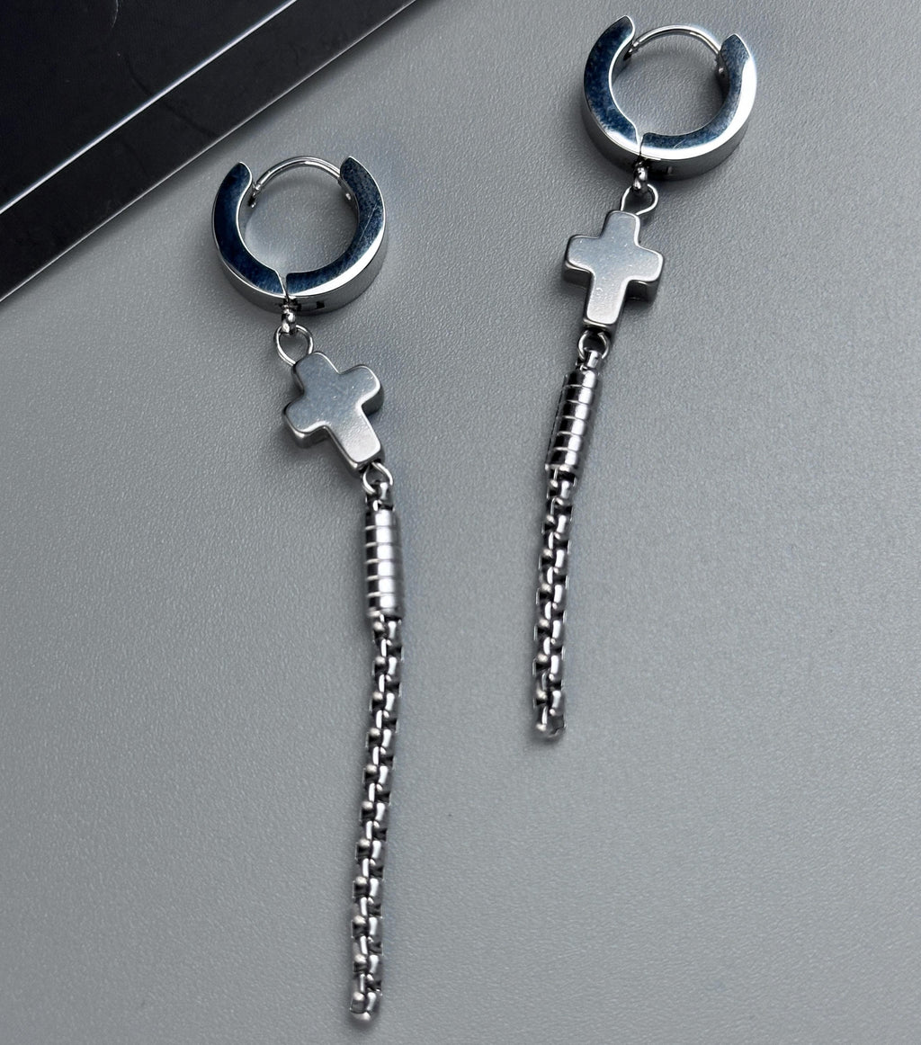 Hoop Cross Chain Earrings | Soft Industrial Gender-Neutral Jewelry