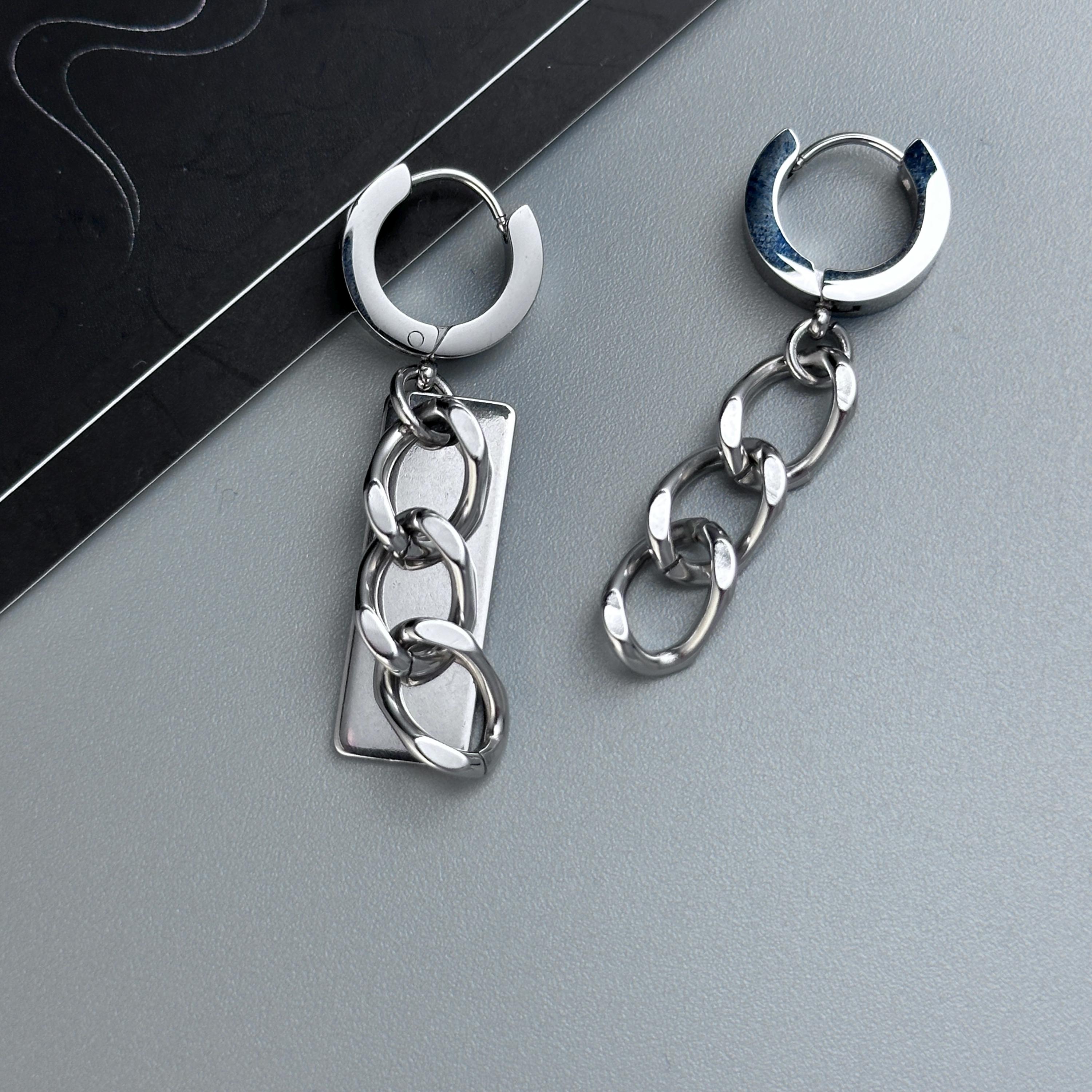 Hoop Asymmetrical Chain Earrings | Mechanical Soft Industrial Gender-Neutral Jewelry