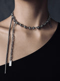 Dark Grey Pearl Chain  | Silver Metal Knot Asymmetric Soft-Industrial Necklace