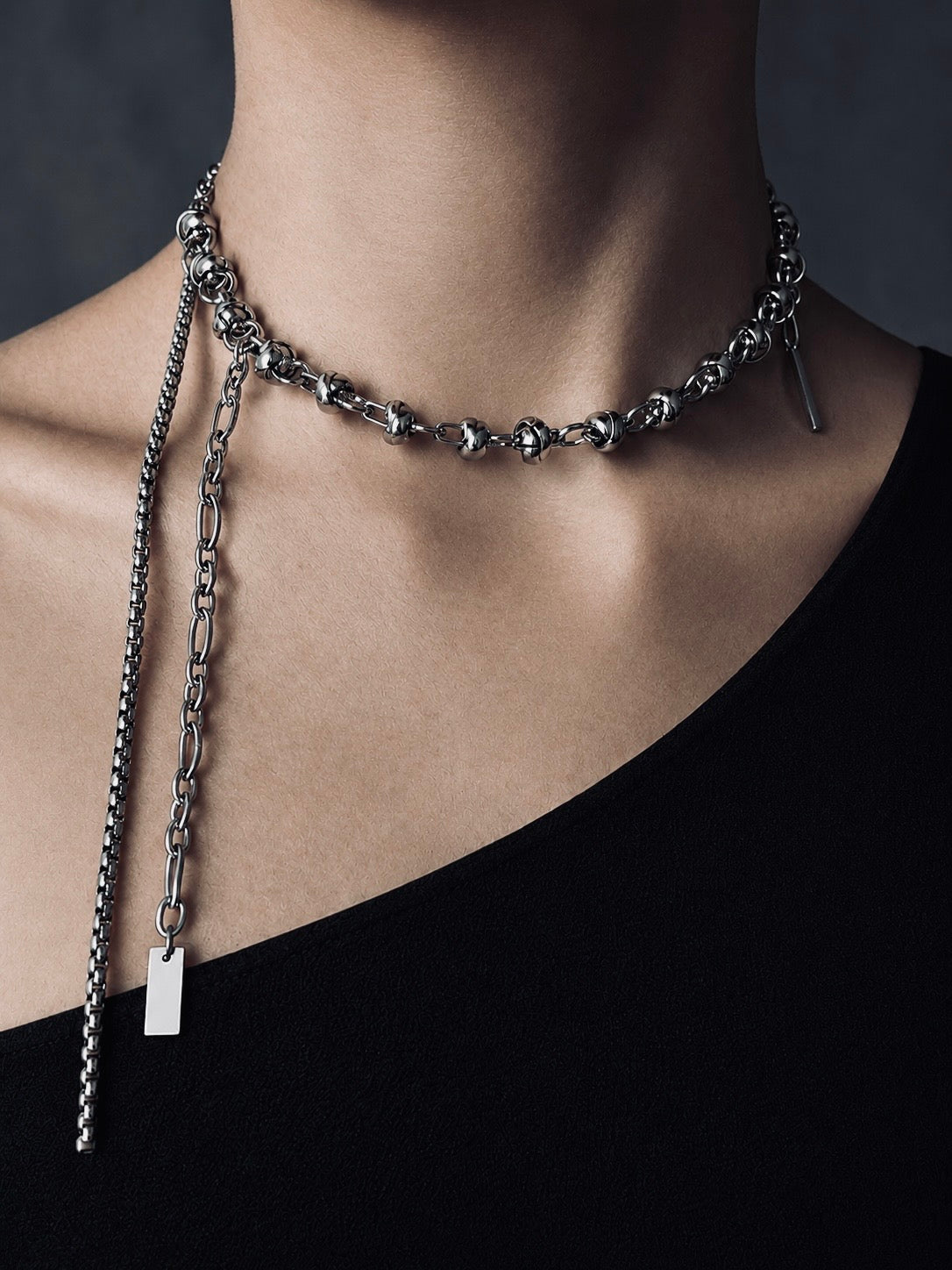 Dark Grey Pearl Chain  | Silver Metal Knot Asymmetric Soft-Industrial Necklace