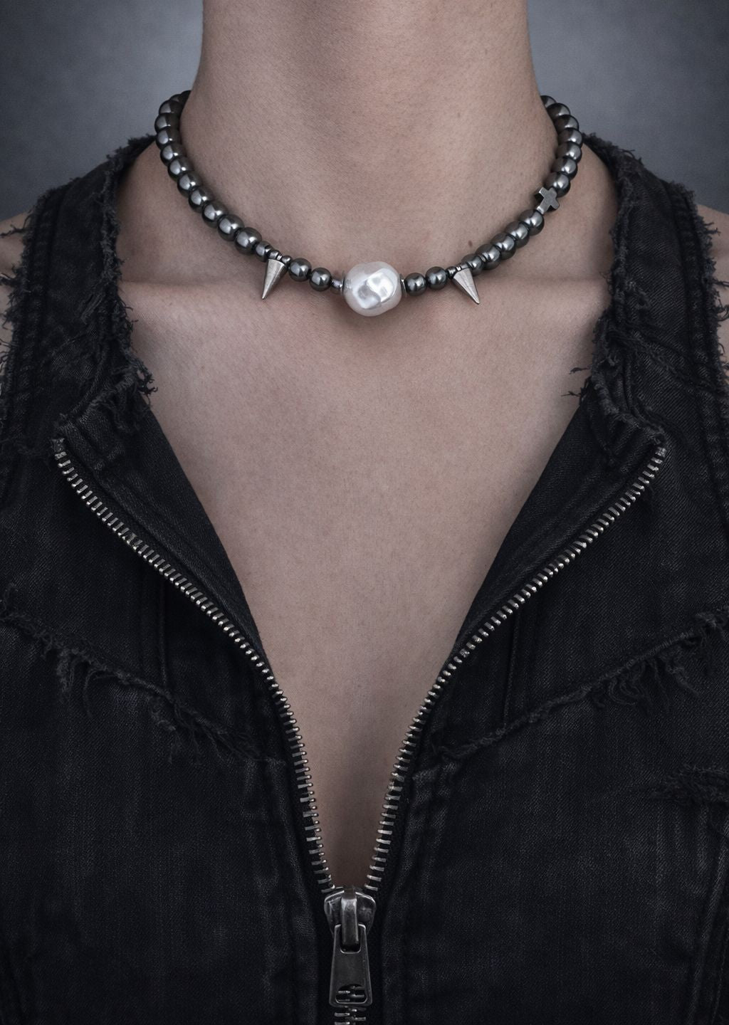 Vampire Fang Dark Grey Pearl Soft-Industrial Statement Necklace