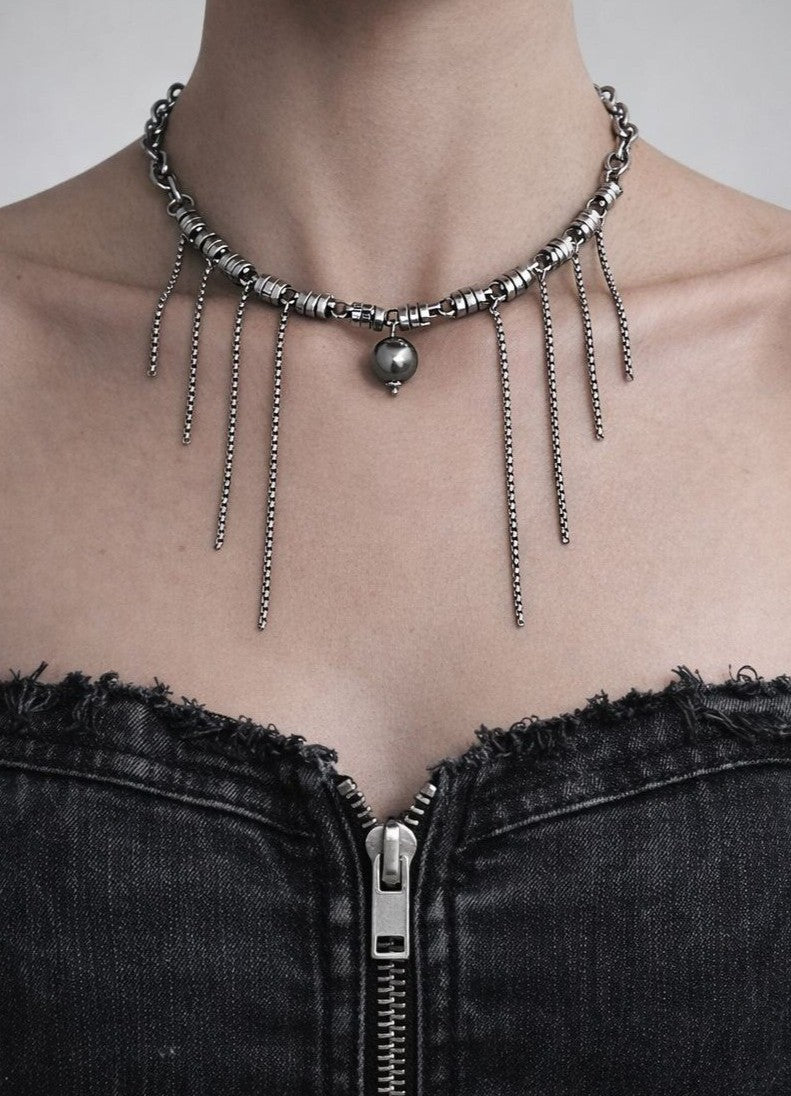 Fringe Dark Grey Pearls Soft-Industrial Statement Necklace