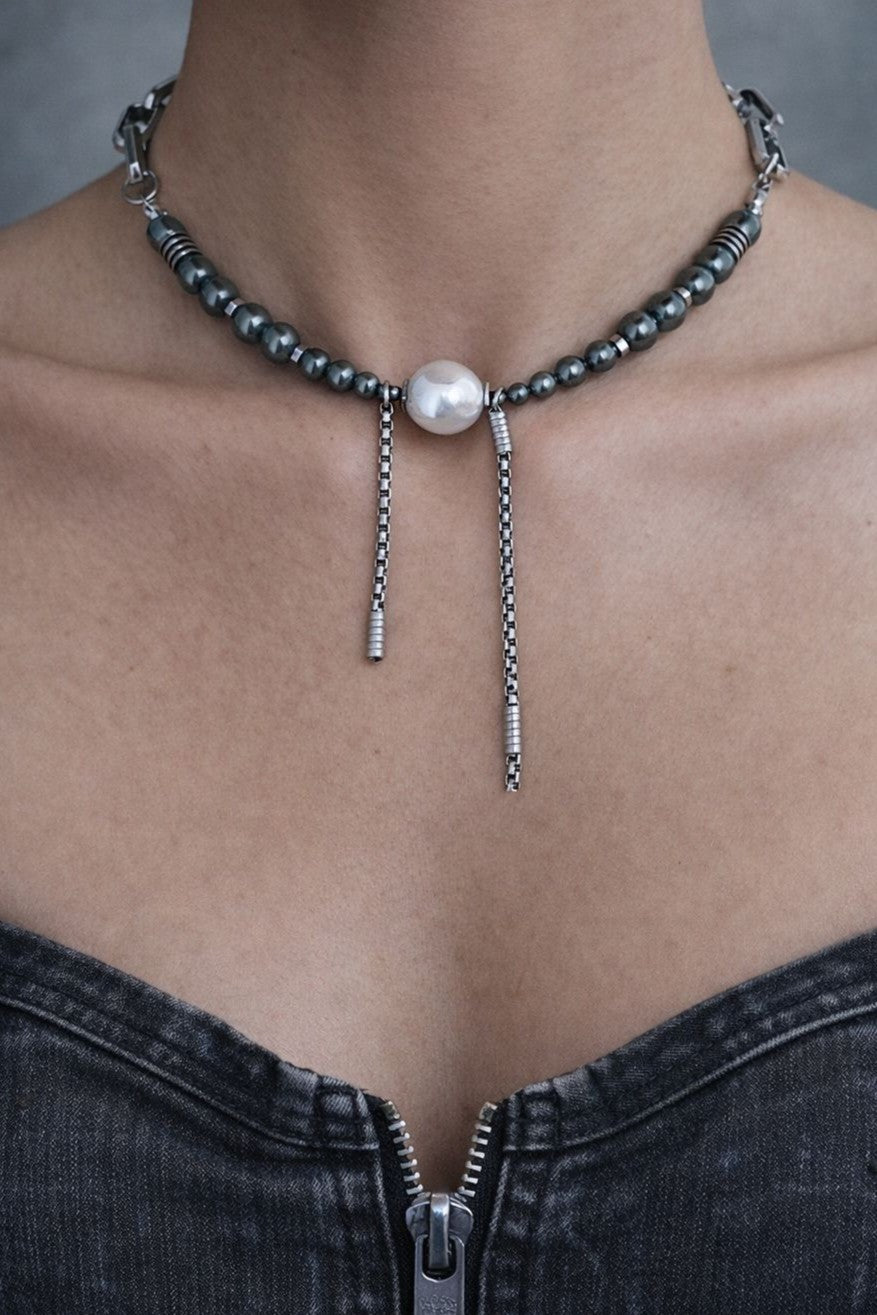 Double Drop Soft-Industrial Necklace |  Dark Grey Beaded Pearl Statement Necklace