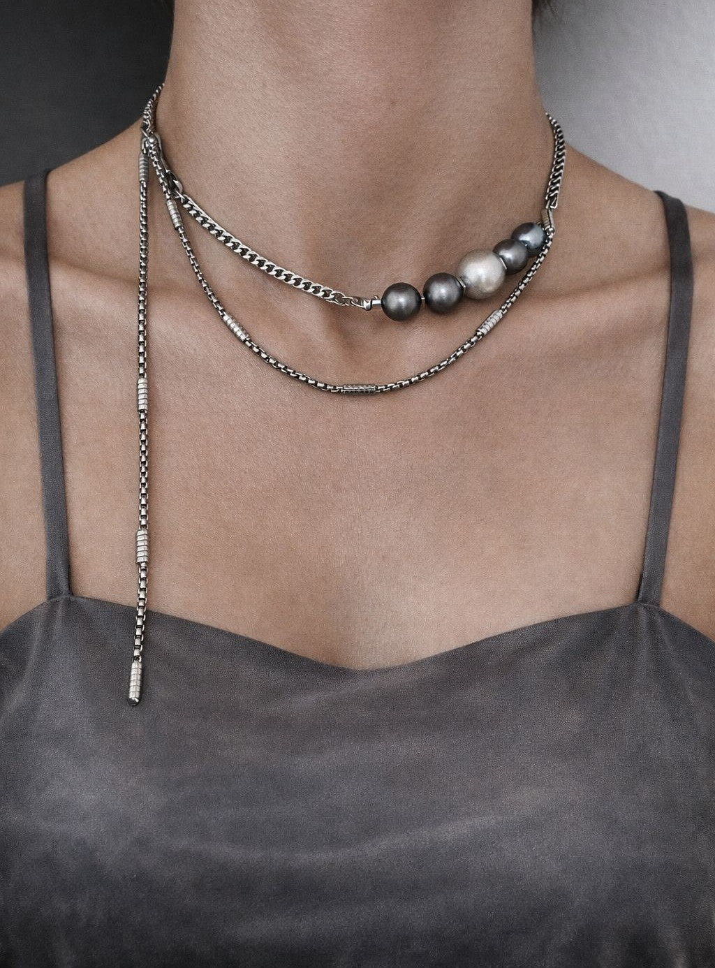 Galaxy Orbit Layered Necklace | Dark Grey Pearl Soft-Industrial Y Necklace