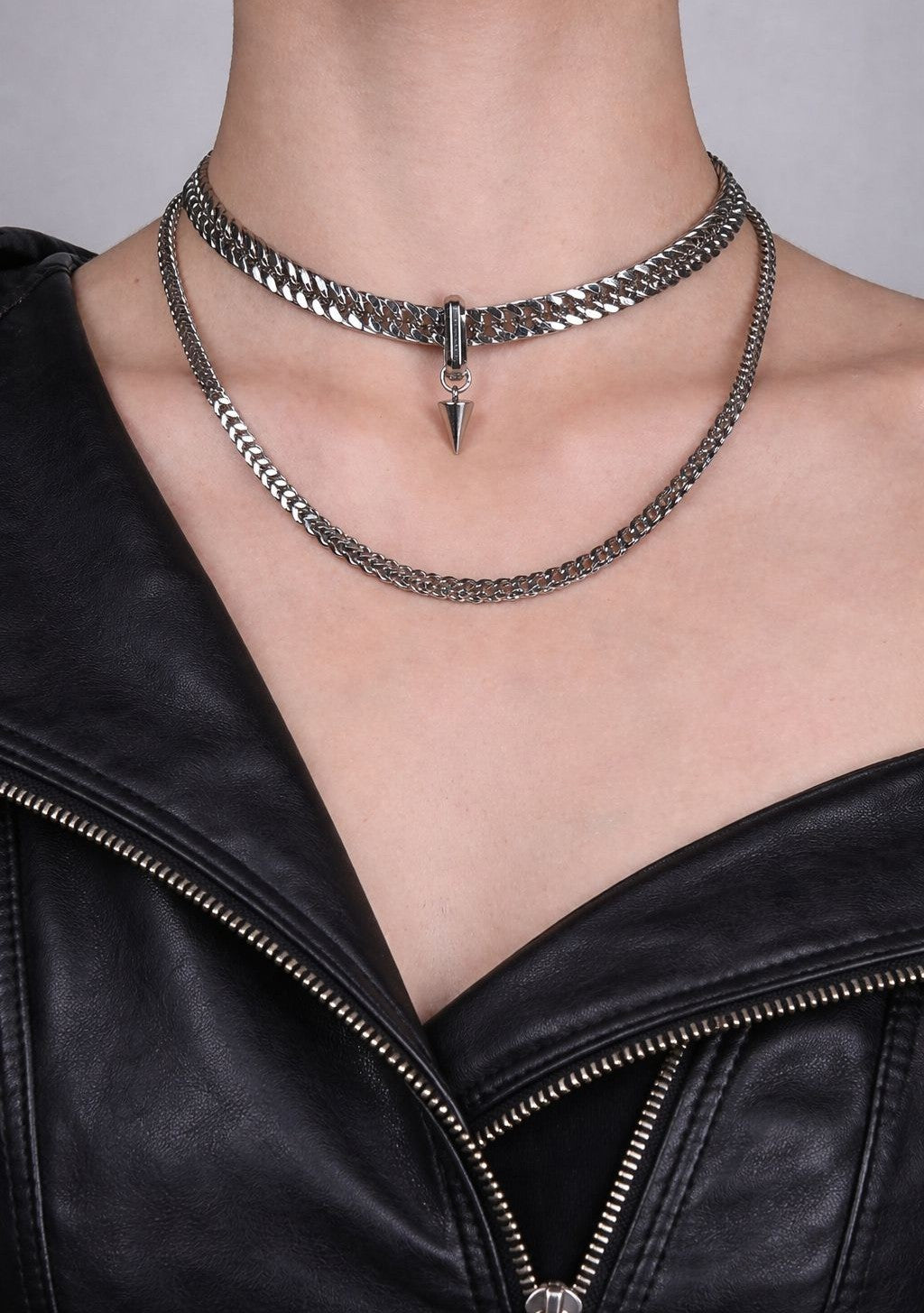Spike Drop Punk Soft-Industrial Necklace | Double-Layer Chain Choker