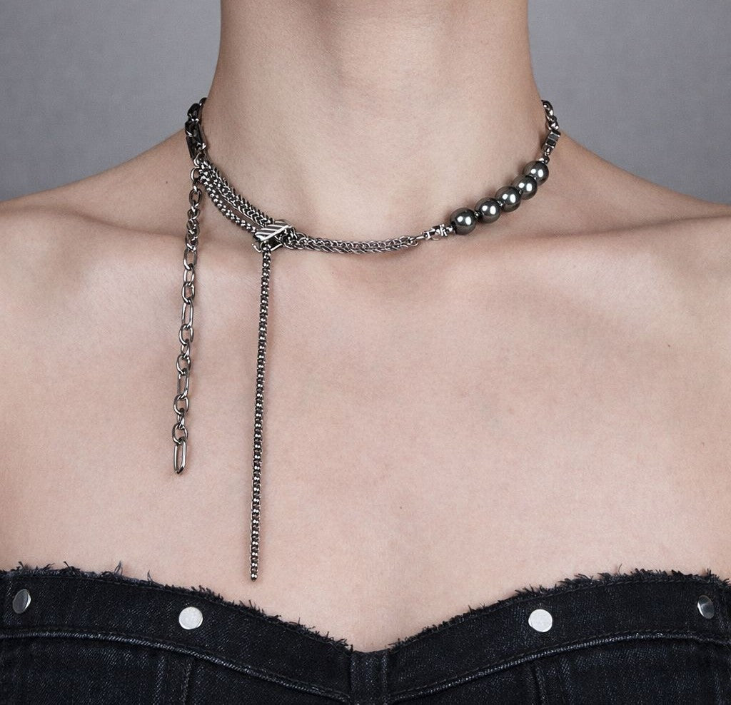 Double Drop Soft-Industrial Necklace with Elegant Strength | Dark Grey Pearl Chain Y Necklace | Silver