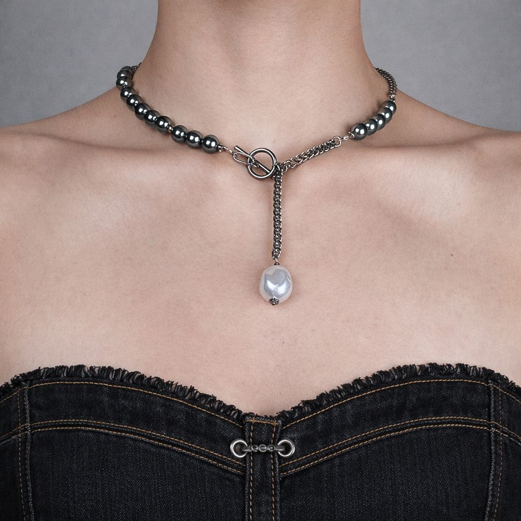 T-Bar Soft-Industrial  Necklace | Dark Grey Pearl  Y Necklace with Elegant Strength
