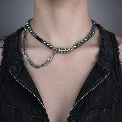 Cross Detail Pearl Necklace & Spike Drop Earrings Set | Soft Industrial Gender-Neutral Jewelry