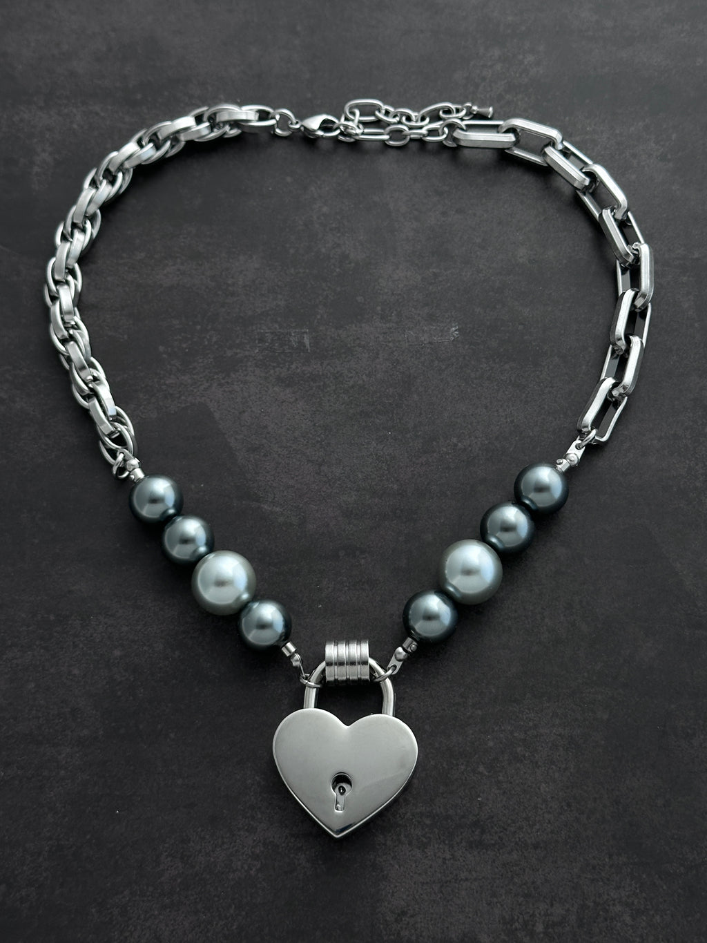 Heart Lock Pearl Choker | Dark Grey Pearl Punk Soft-Industrial Necklace