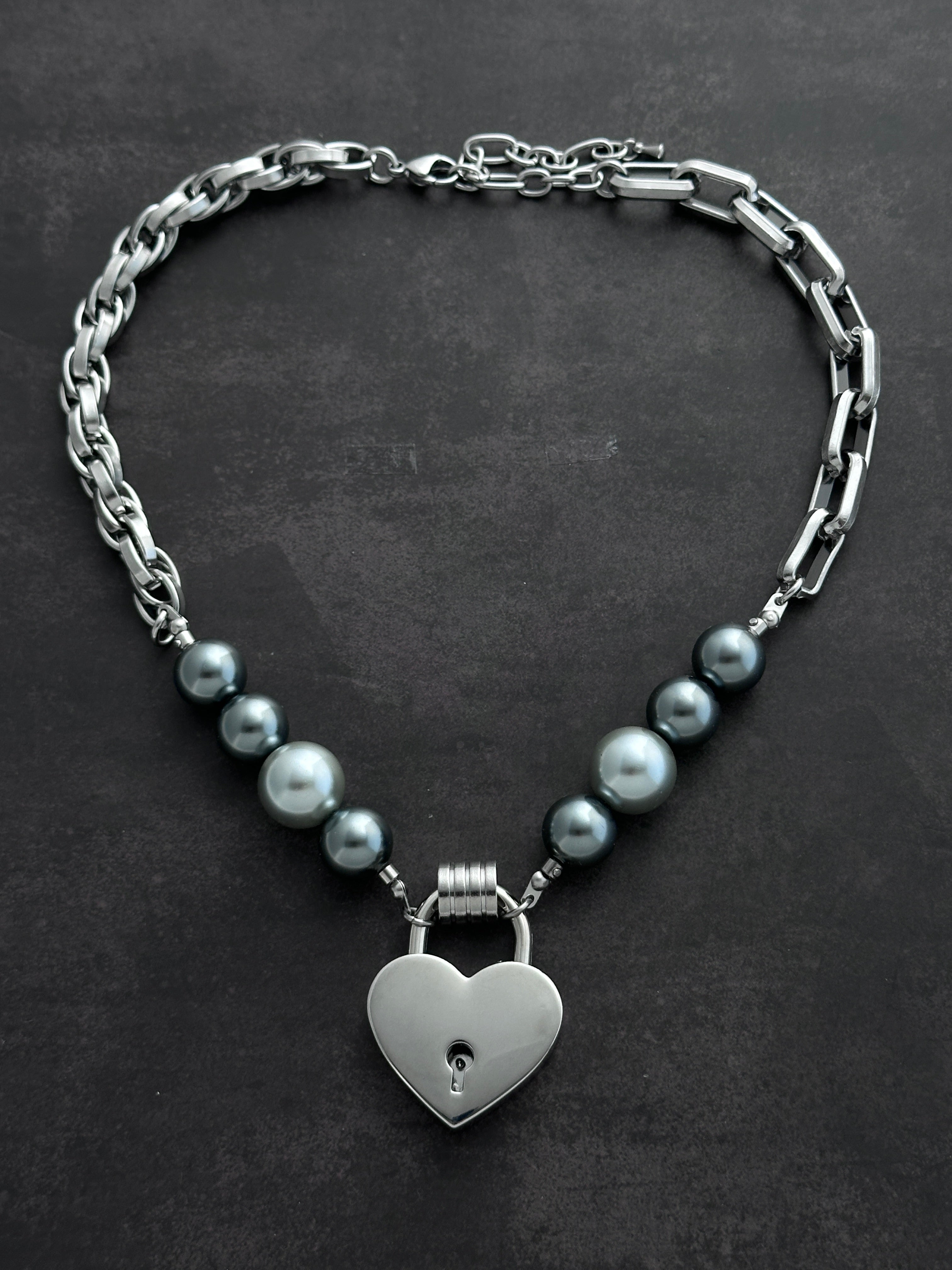 Heart Lock Pearl Choker | Dark Grey Pearl Punk Soft-Industrial Necklace