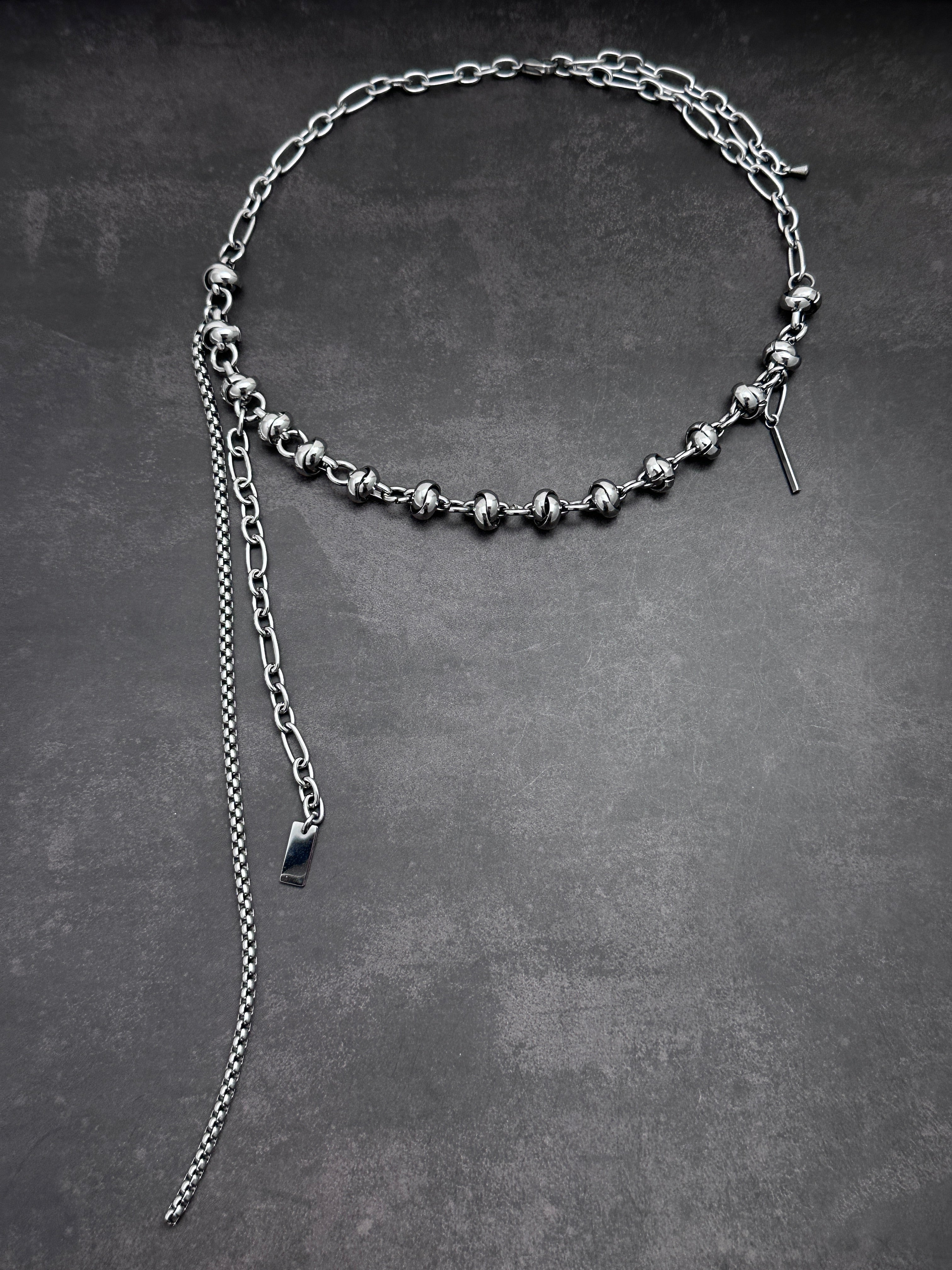 Dark Grey Pearl Chain  | Silver Metal Knot Asymmetric Soft-Industrial Necklace