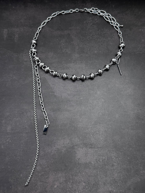 Dark Grey Pearl Chain  | Silver Metal Knot Asymmetric Soft-Industrial Necklace