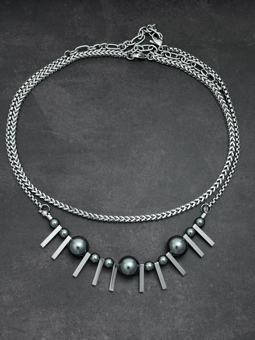 Dark Grey Pearl Double-Layer Necklace | Silver Industrial Chain Necklace with Elegant Strength