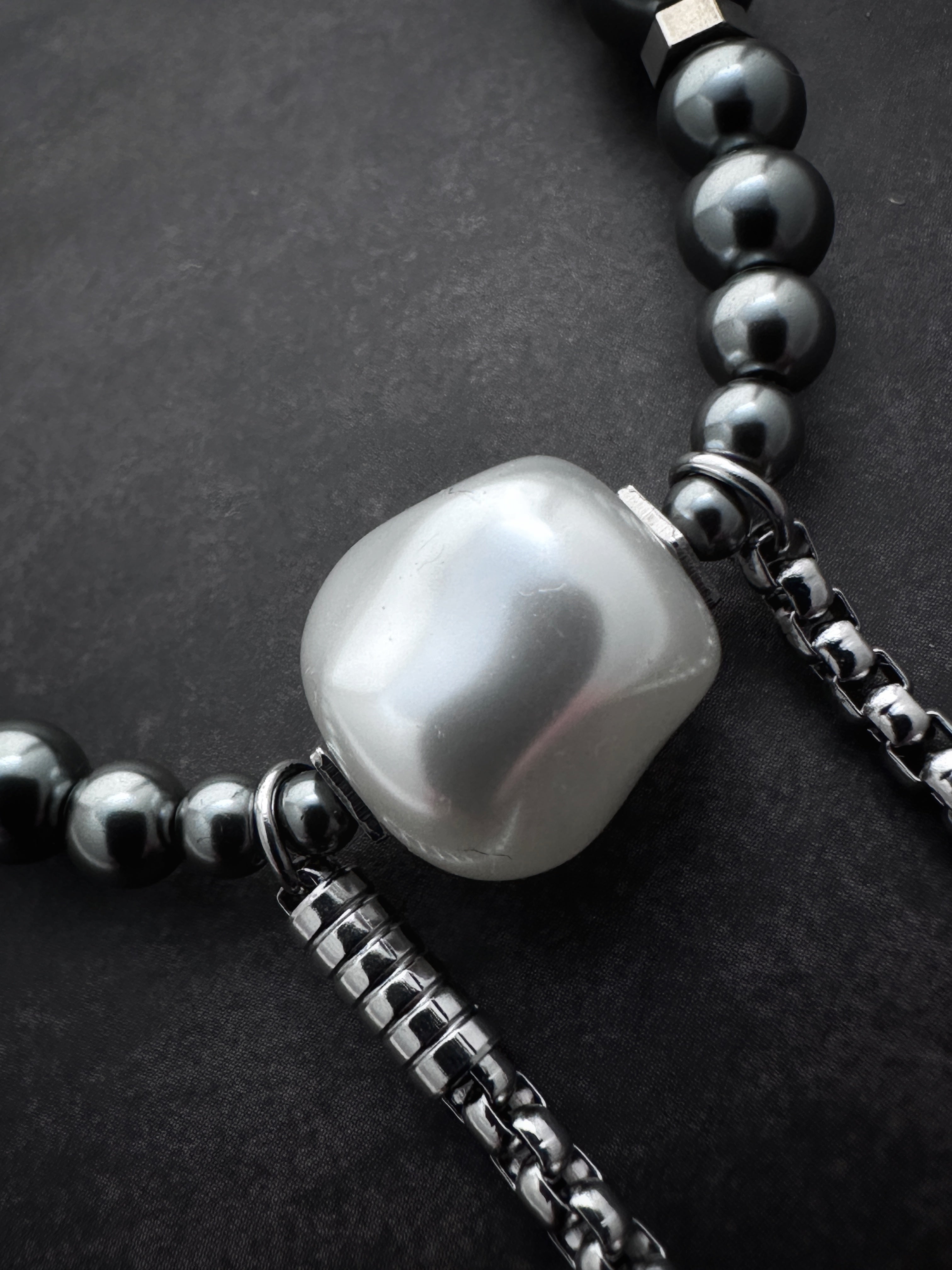 Double Drop Soft-Industrial Necklace |  Dark Grey Beaded Pearl Statement Necklace