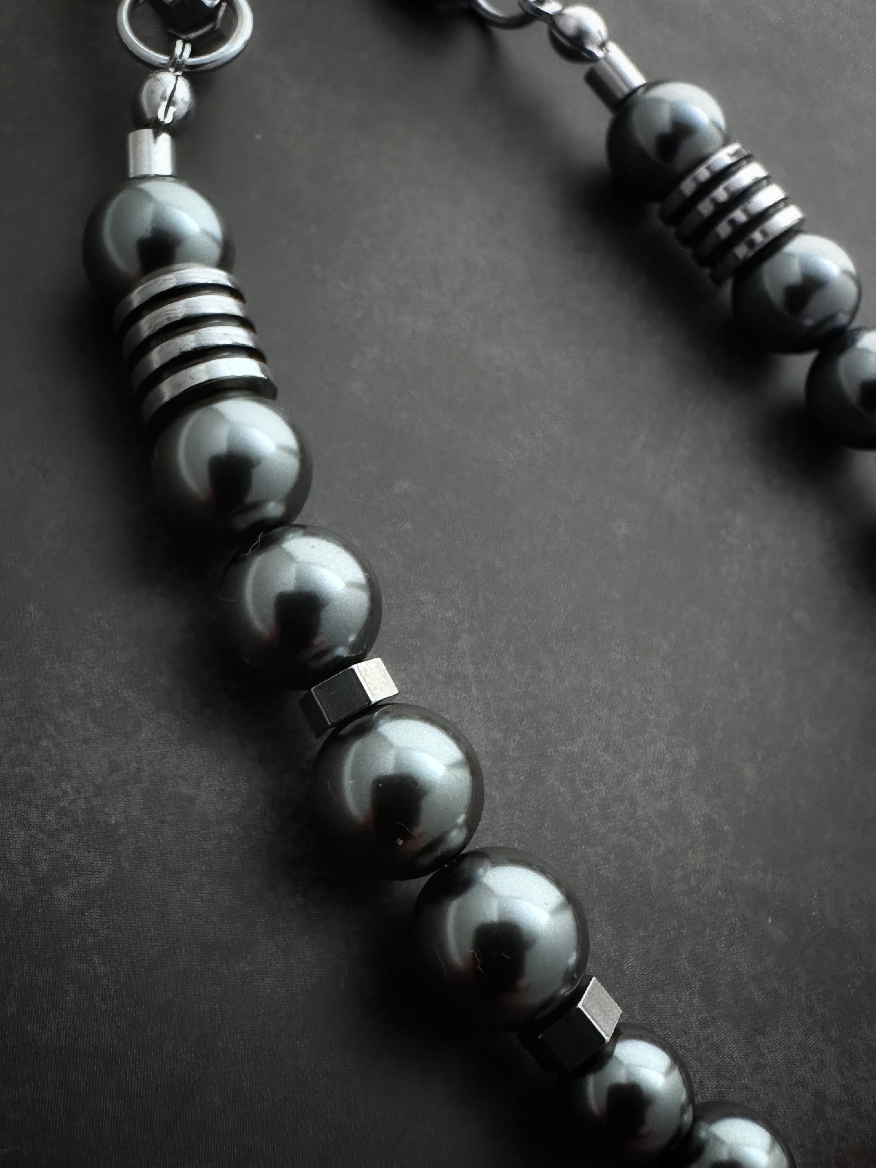 Double Drop Soft-Industrial Necklace |  Dark Grey Beaded Pearl Statement Necklace