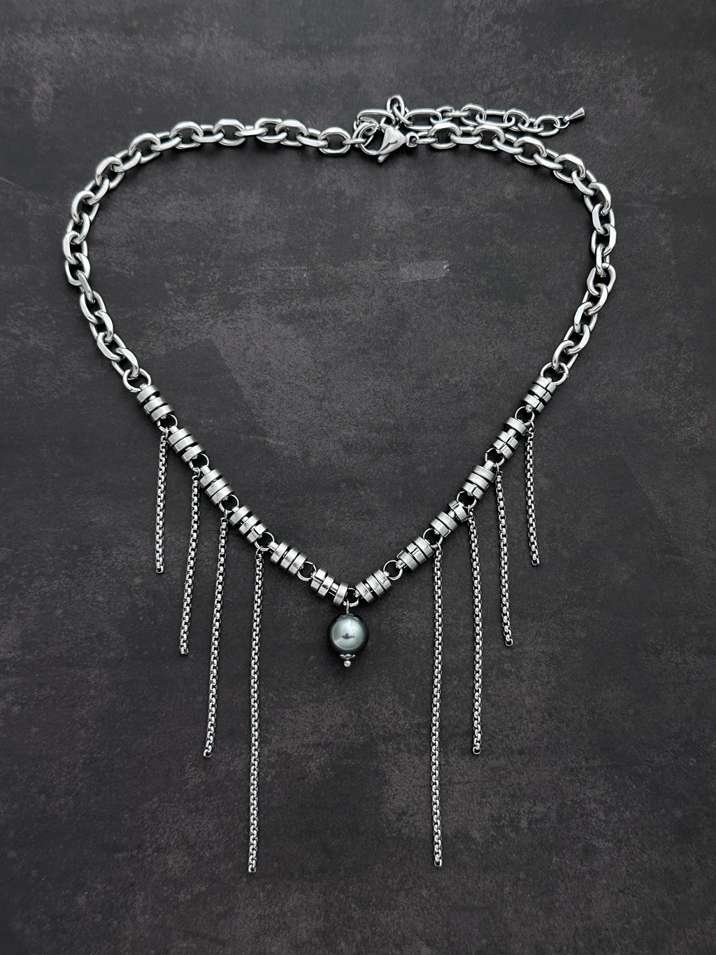 Fringe Dark Grey Pearls Soft-Industrial Statement Necklace