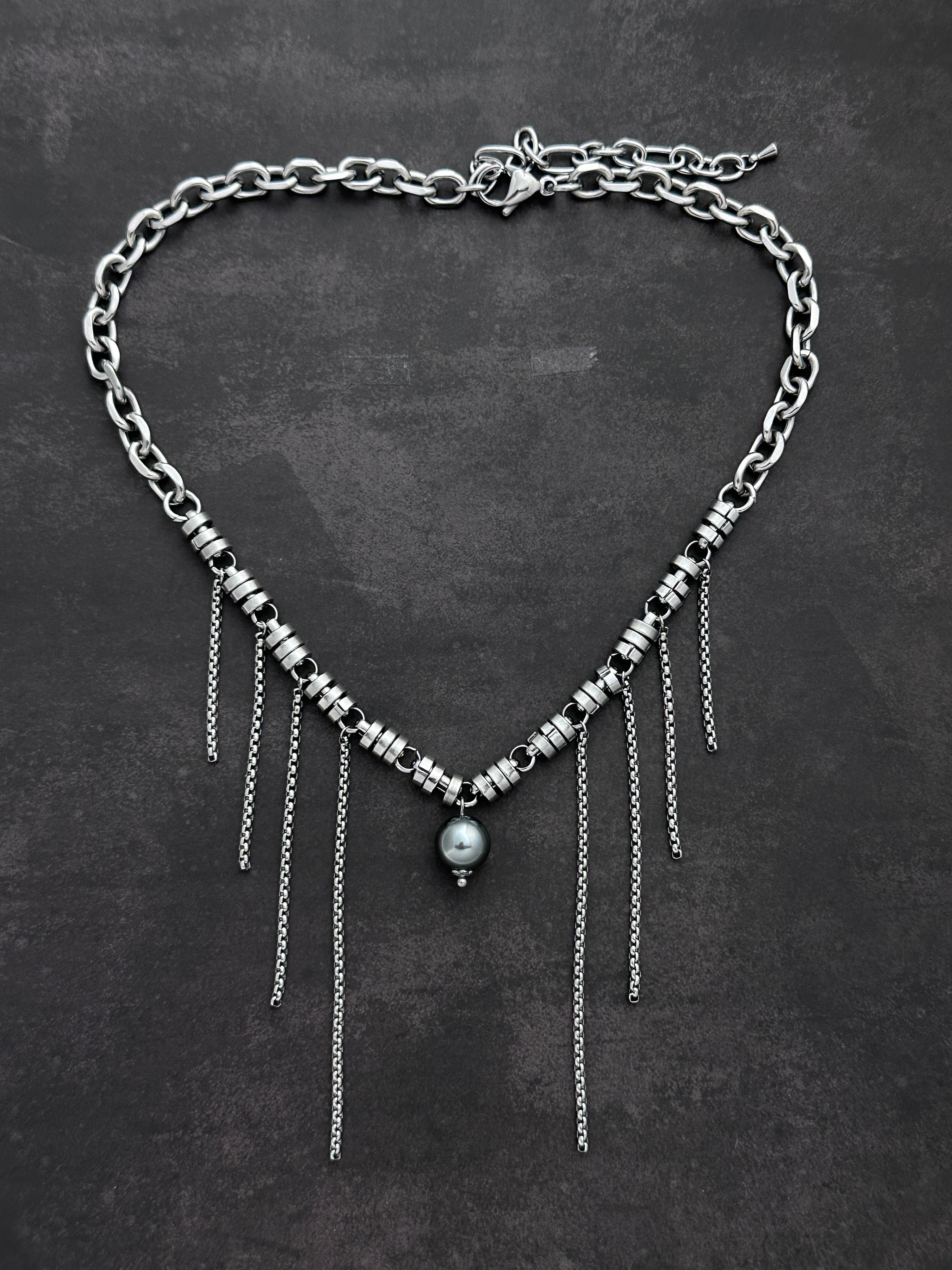 Fringe Dark Grey Pearls Soft-Industrial Statement Necklace