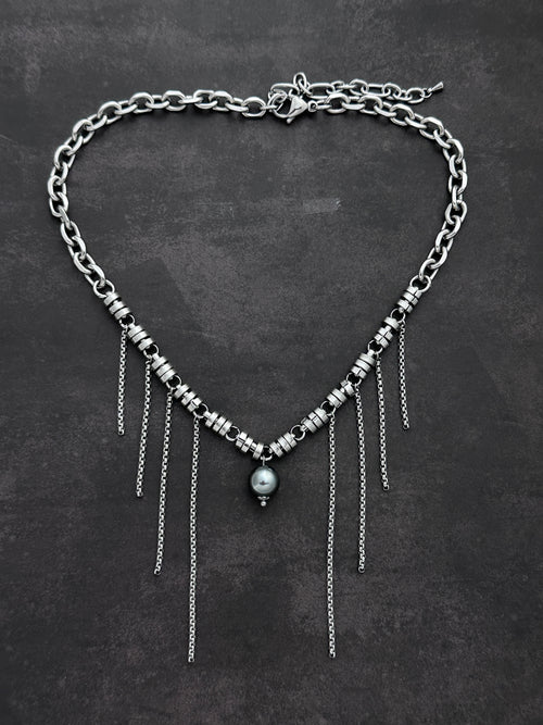 Fringe Dark Grey Pearls Soft-Industrial Statement Necklace