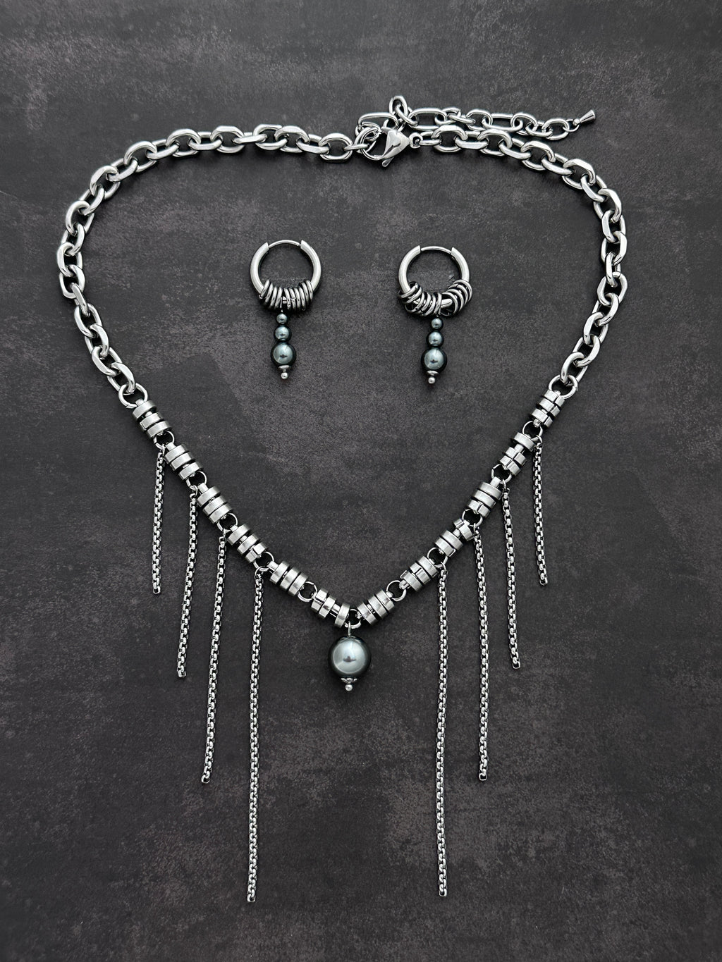 Cylinder Chain Tassel Necklace & Matching Chain Drop Earrings Set | Soft Industrial Gender-Neutral Jewelry