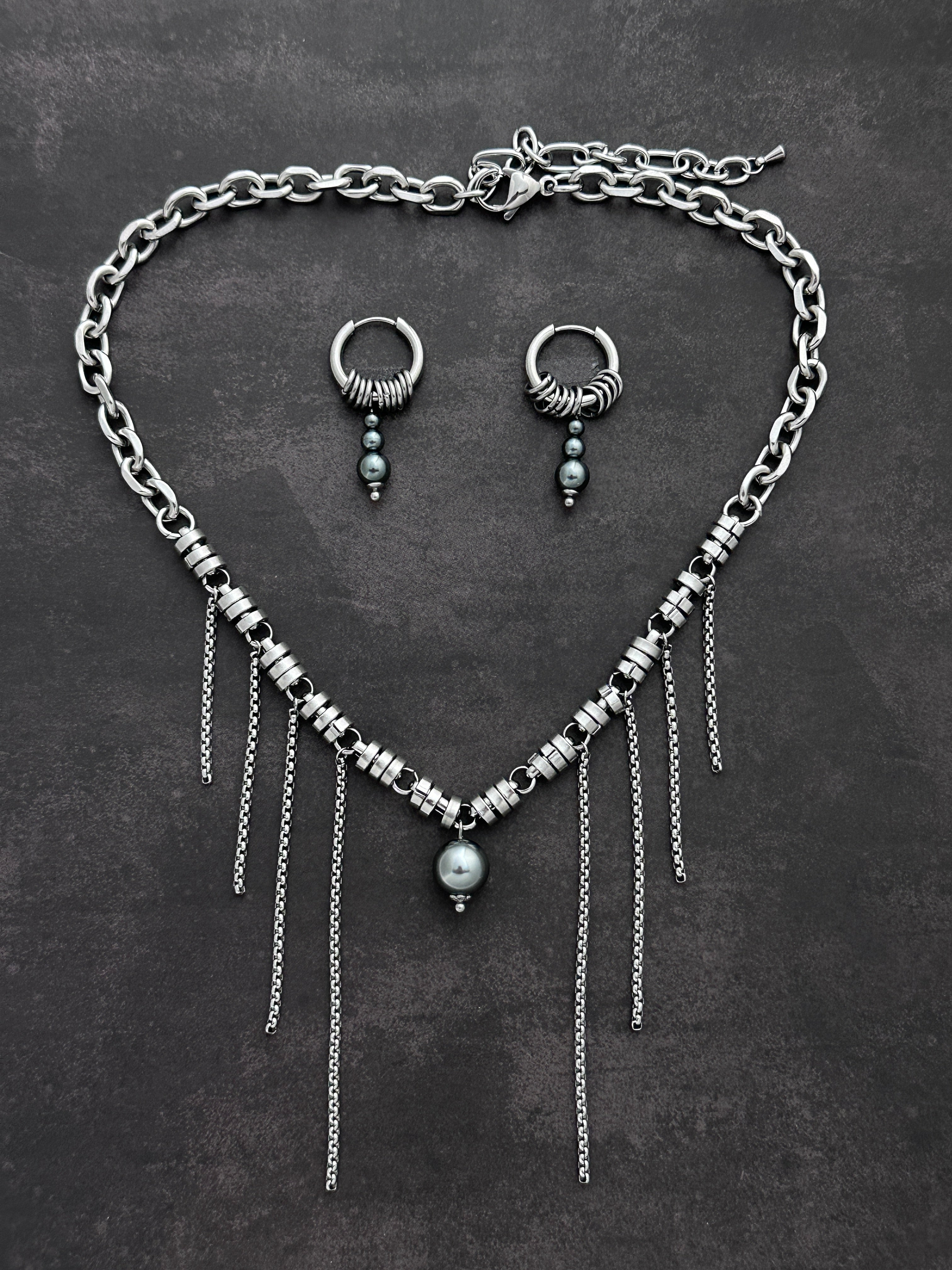 Cylinder Chain Tassel Necklace & Matching Chain Drop Earrings Set | Soft Industrial Gender-Neutral Jewelry