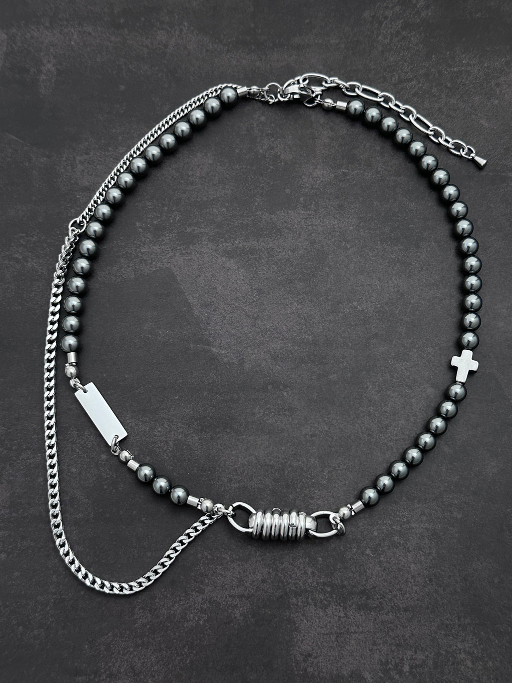Mechanical Chain Soft-Industrial Necklac | Dark Grey Pearls  Statement Necklac