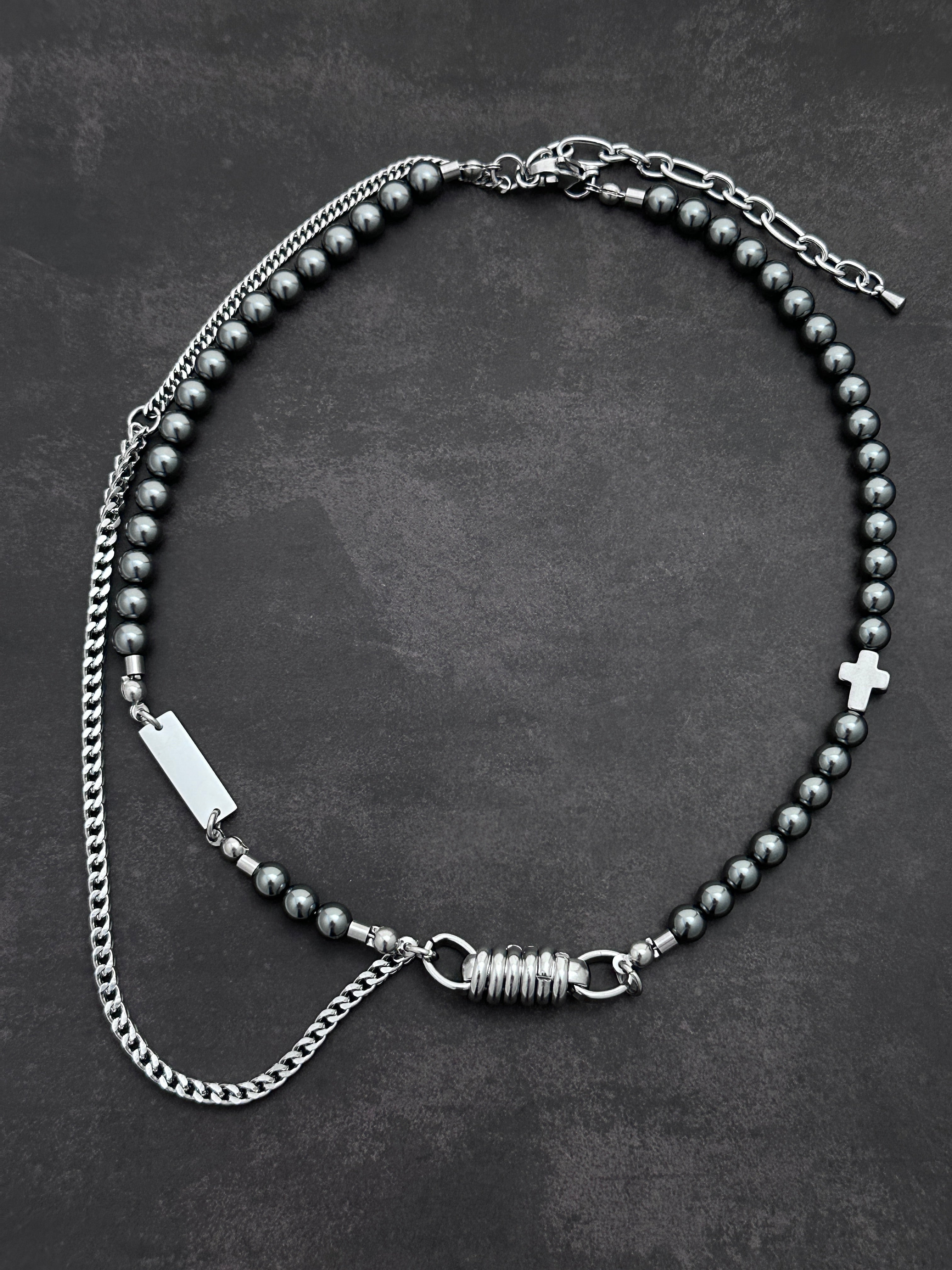 Mechanical Chain Soft-Industrial Necklac | Dark Grey Pearls  Statement Necklac