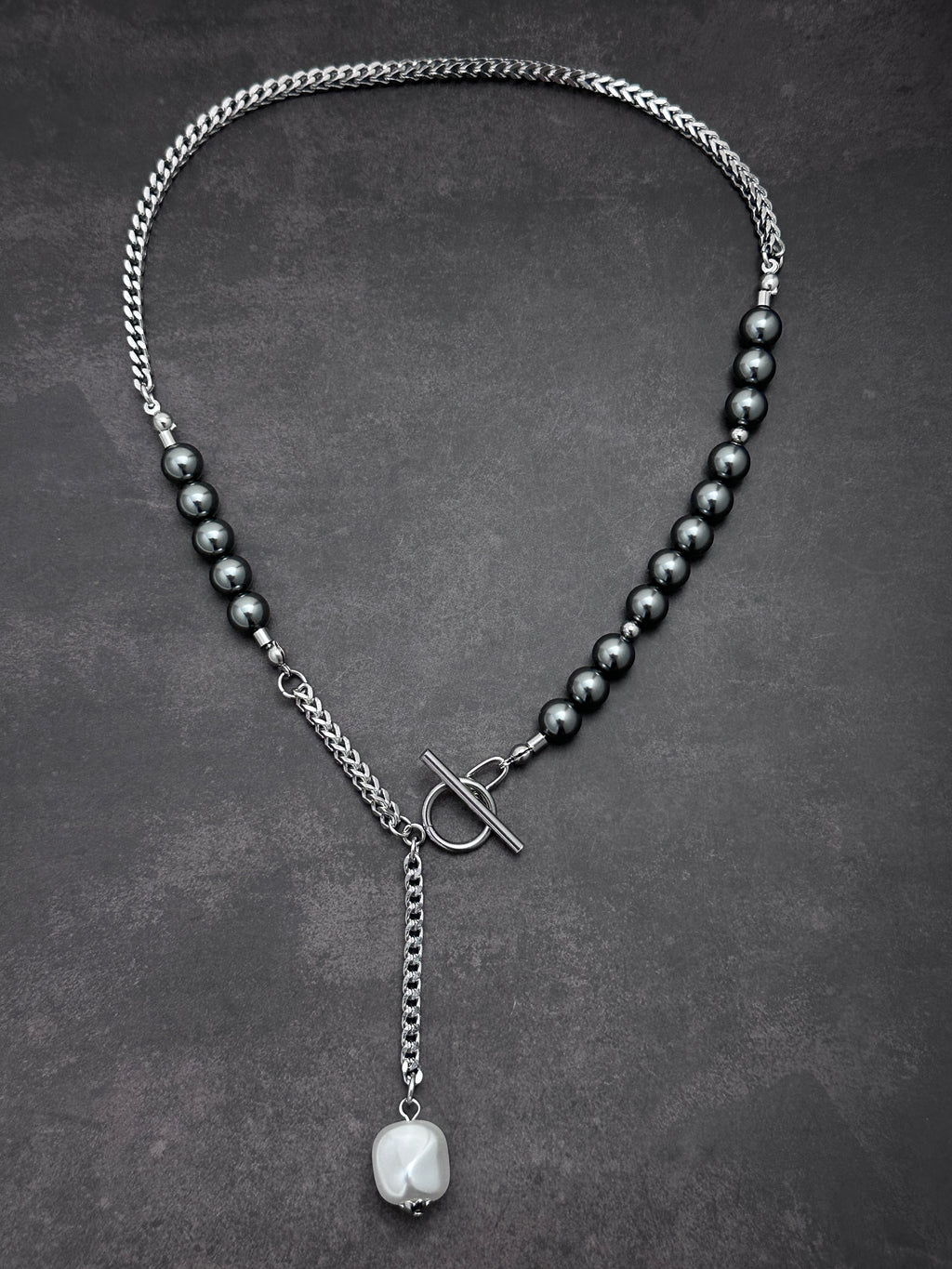 Toggle Clasp Pearl Chain Necklace & Long Bar Drop Earrings Set | Soft Industrial Gender-Neutral Jewelry
