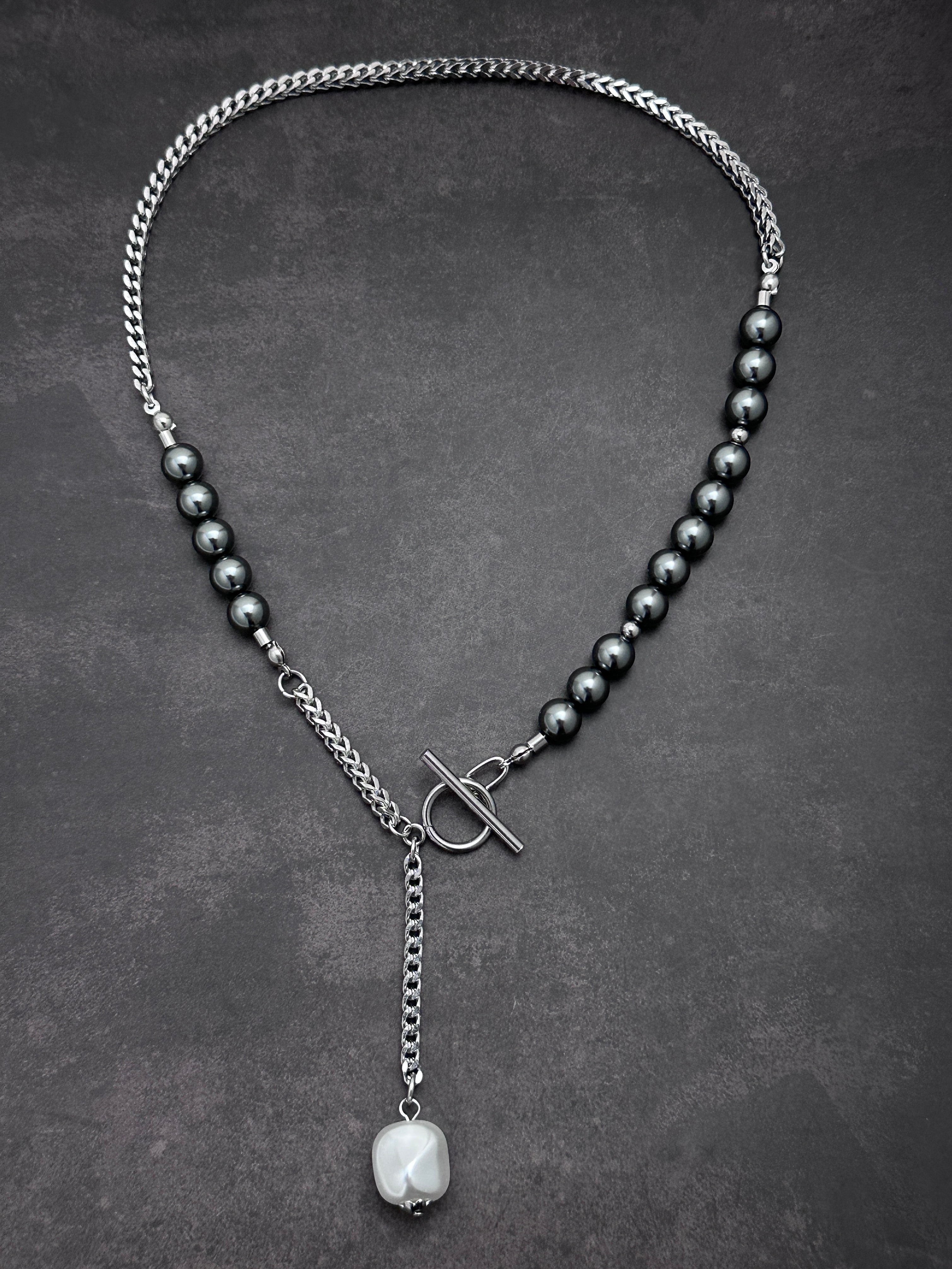 T-Bar Soft-Industrial  Necklace | Dark Grey Pearl  Y Necklace with Elegant Strength