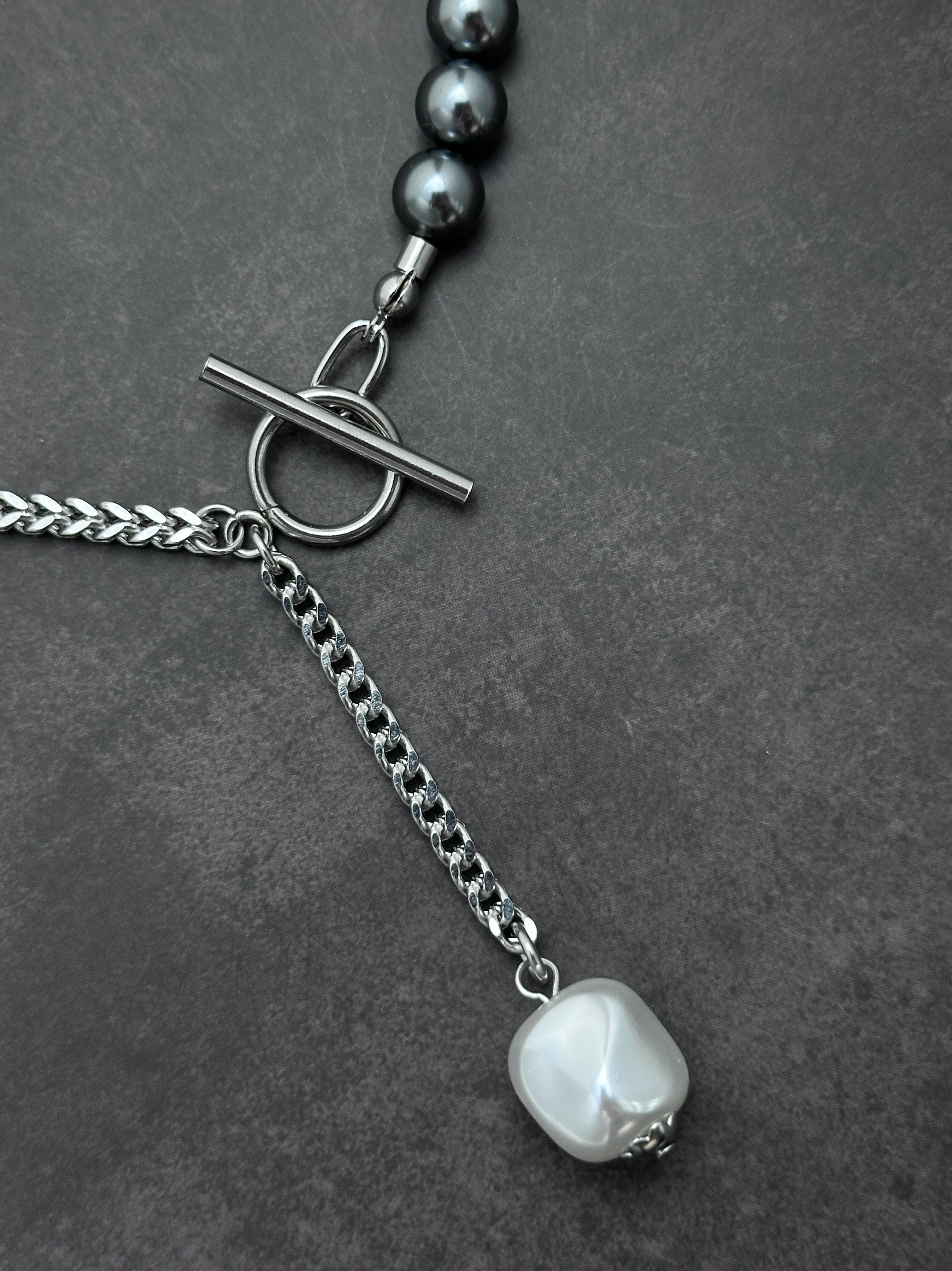 Toggle Clasp Pearl Chain Necklace & Long Bar Drop Earrings Set | Soft Industrial Gender-Neutral Jewelry
