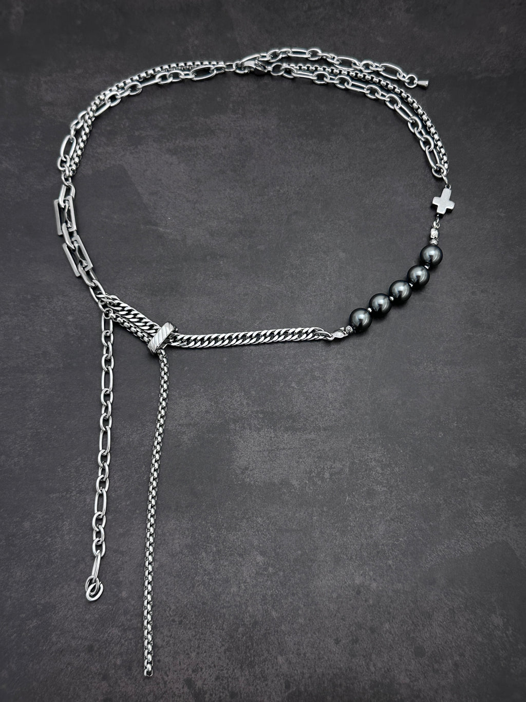 Double Drop Soft-Industrial Necklace with Elegant Strength | Dark Grey Pearl Chain Y Necklace | Silver