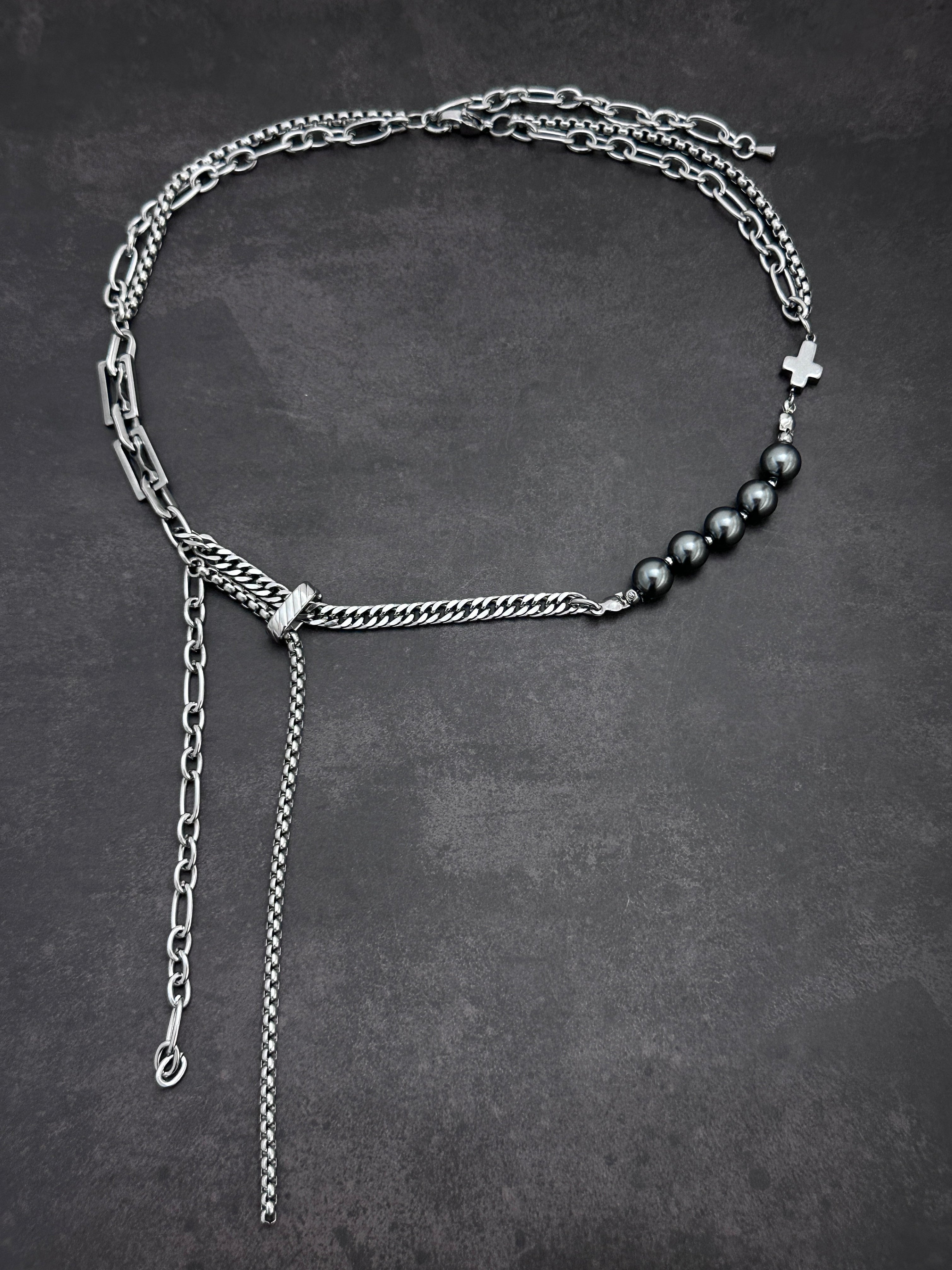 Double Drop Soft-Industrial Necklace with Elegant Strength | Dark Grey Pearl Chain Y Necklace | Silver