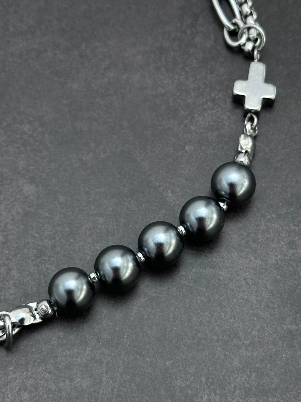 Double Drop Soft-Industrial Necklace with Elegant Strength | Dark Grey Pearl Chain Y Necklace | Silver
