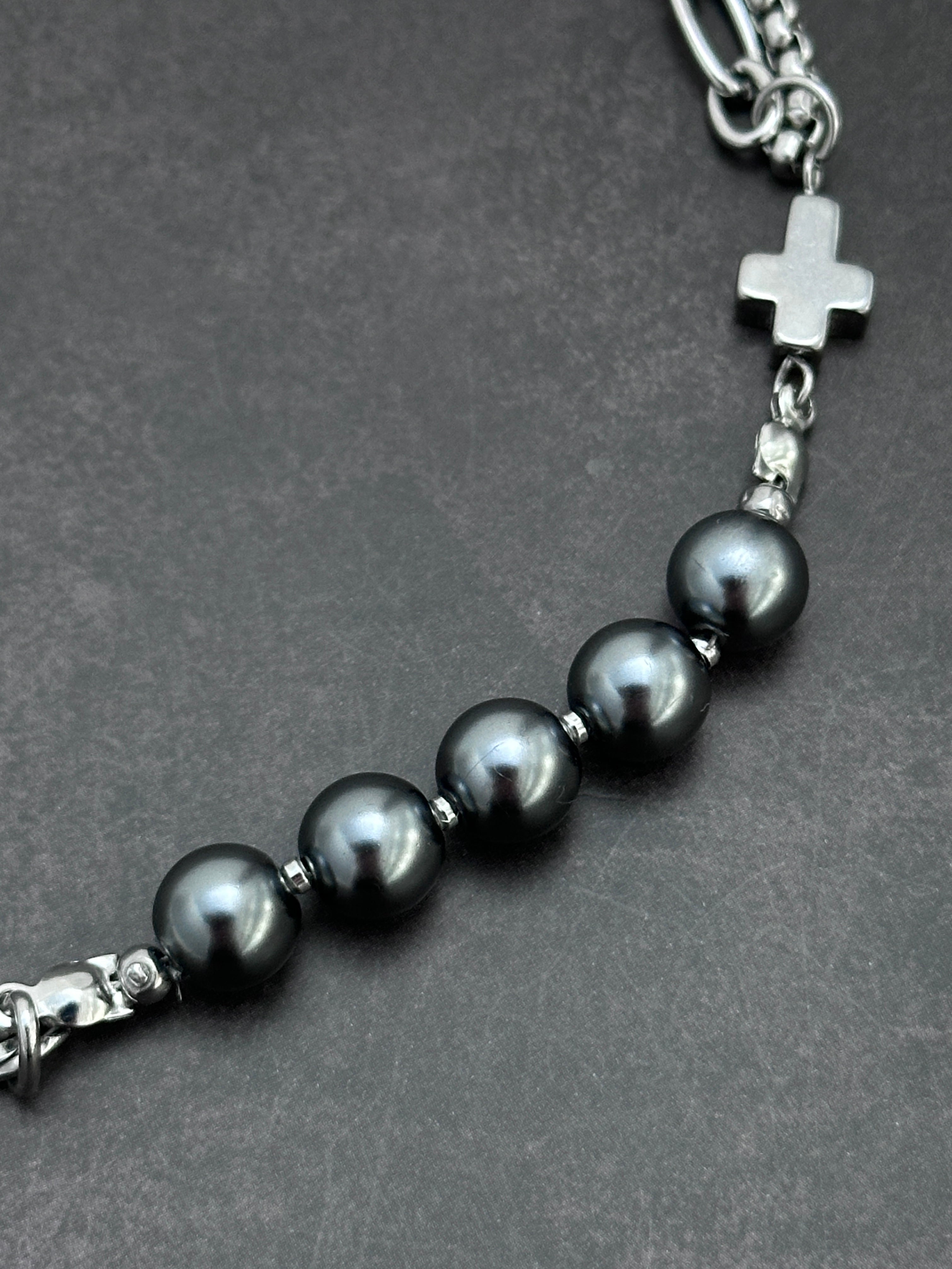 Double Drop Soft-Industrial Necklace with Elegant Strength | Dark Grey Pearl Chain Y Necklace | Silver