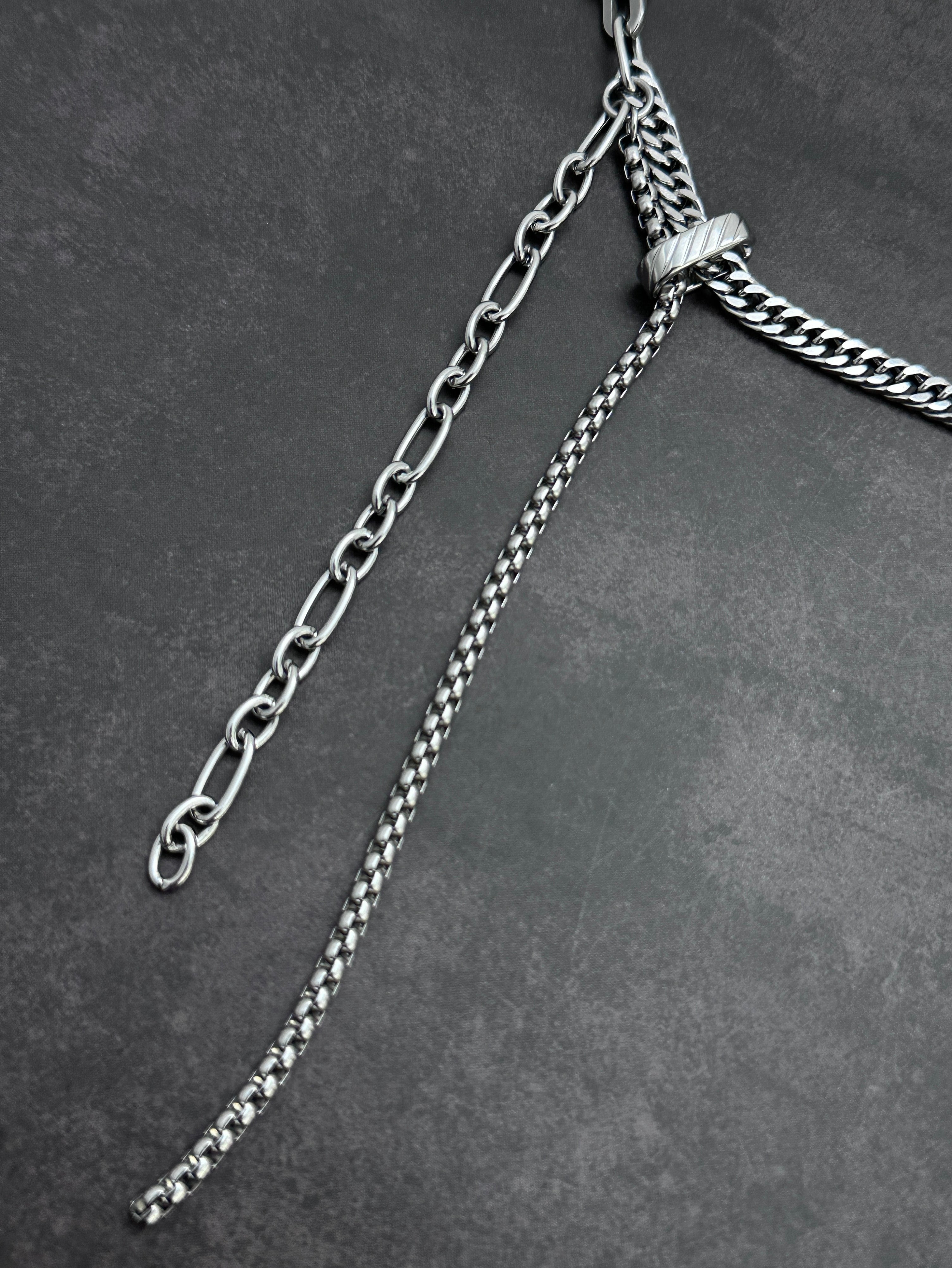 Double Drop Soft-Industrial Necklace with Elegant Strength | Dark Grey Pearl Chain Y Necklace | Silver