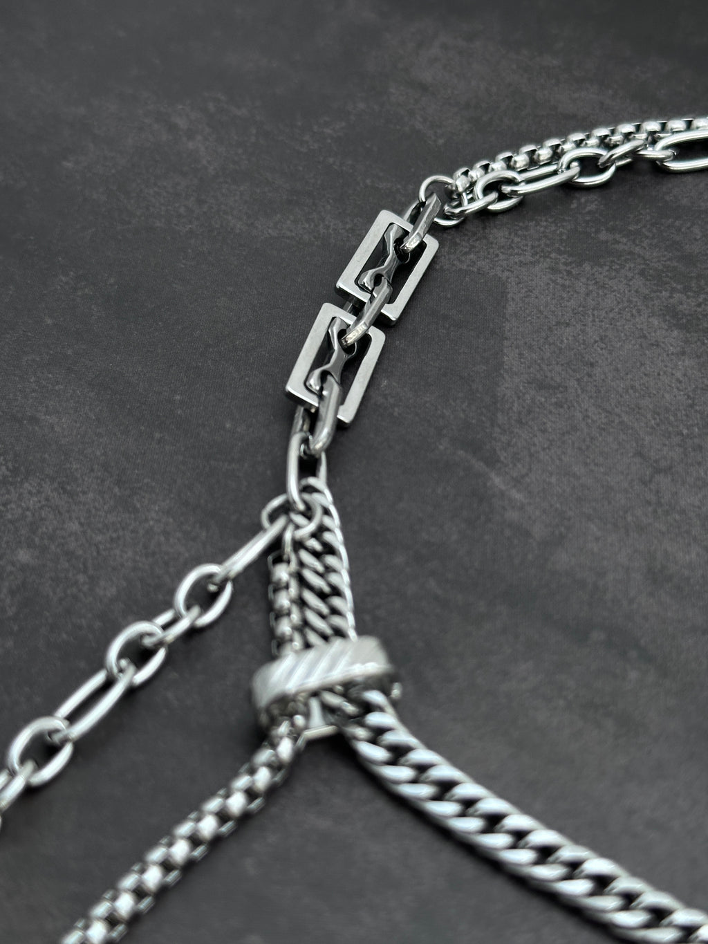 Double Drop Soft-Industrial Necklace with Elegant Strength | Dark Grey Pearl Chain Y Necklace | Silver
