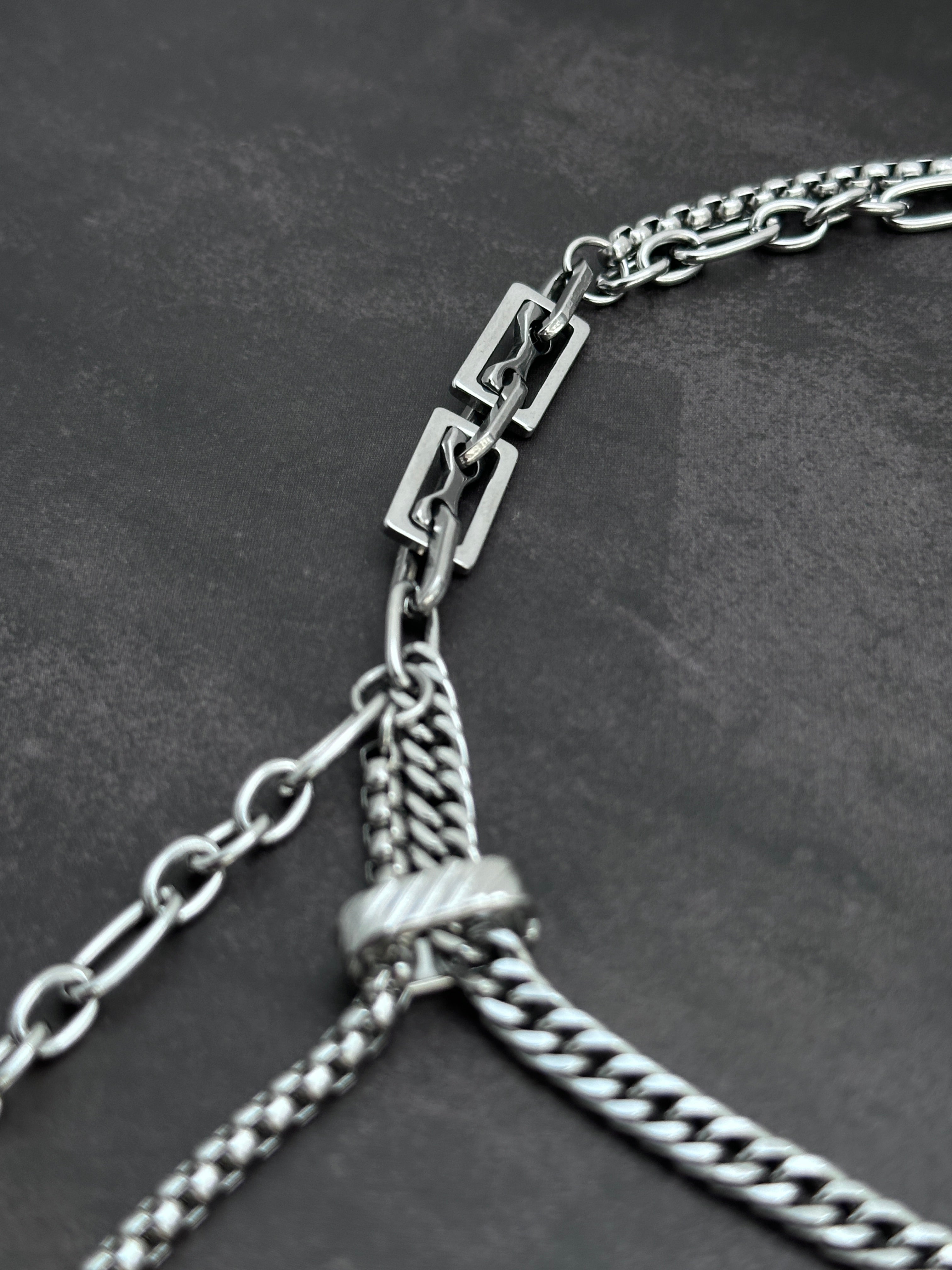 Double Drop Soft-Industrial Necklace with Elegant Strength | Dark Grey Pearl Chain Y Necklace | Silver