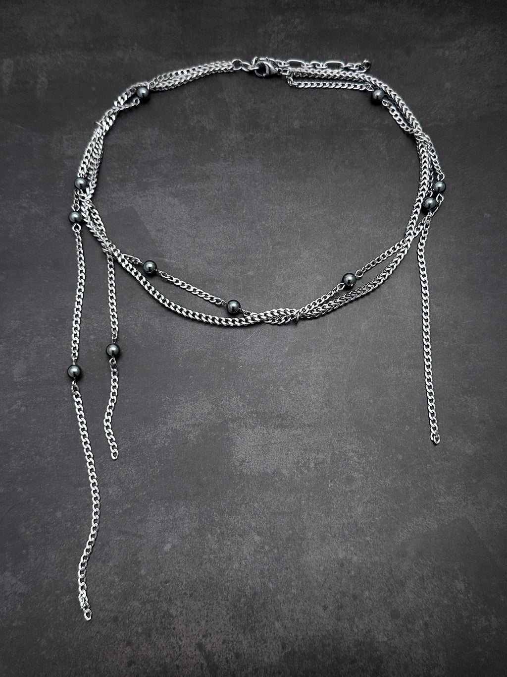 Starry Chain Statement Necklace | Dark Grey Pearls Soft-Industrial Necklace with Elegant Strength