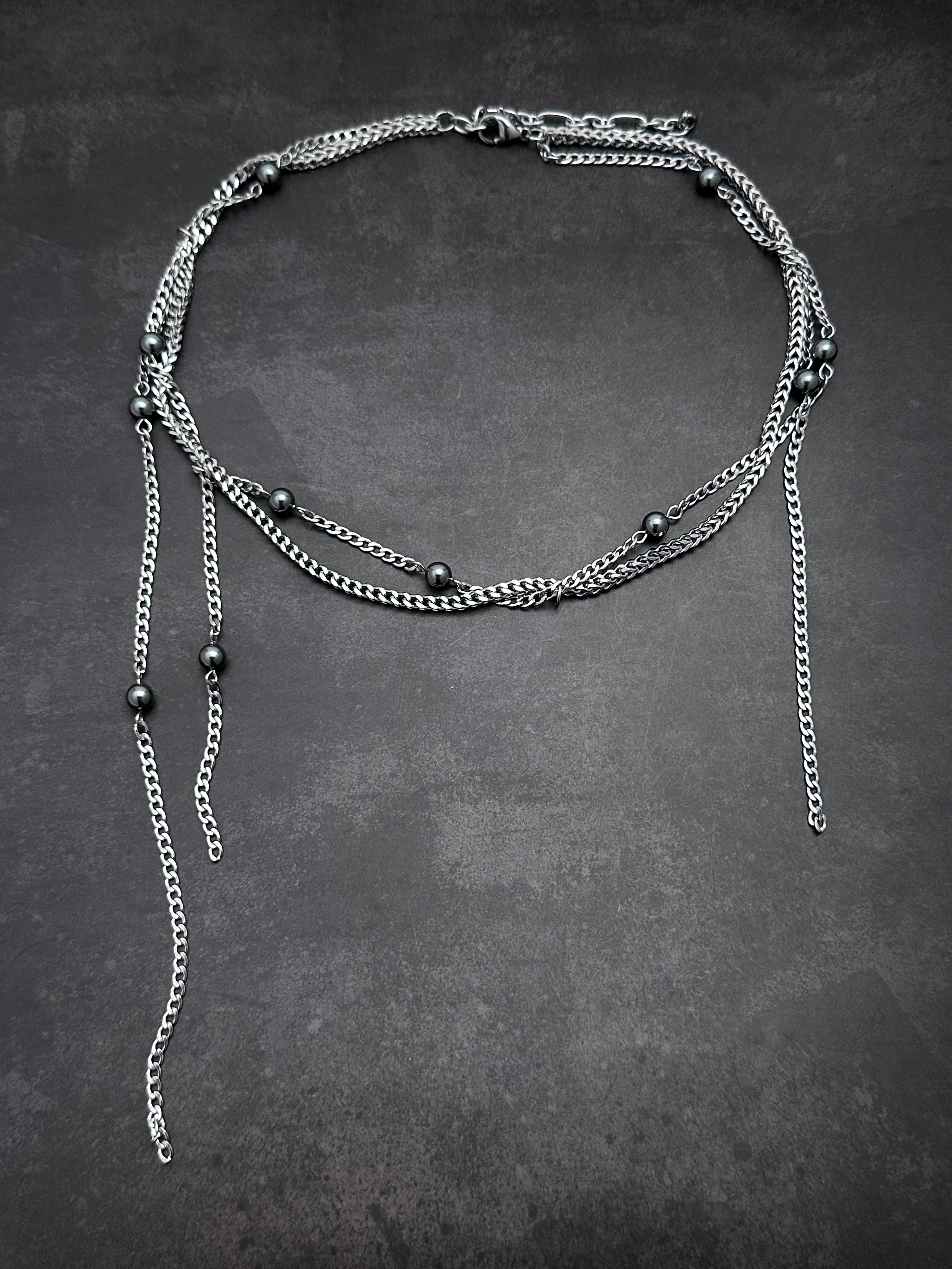Starry Chain Statement Necklace | Dark Grey Pearls Soft-Industrial Necklace with Elegant Strength