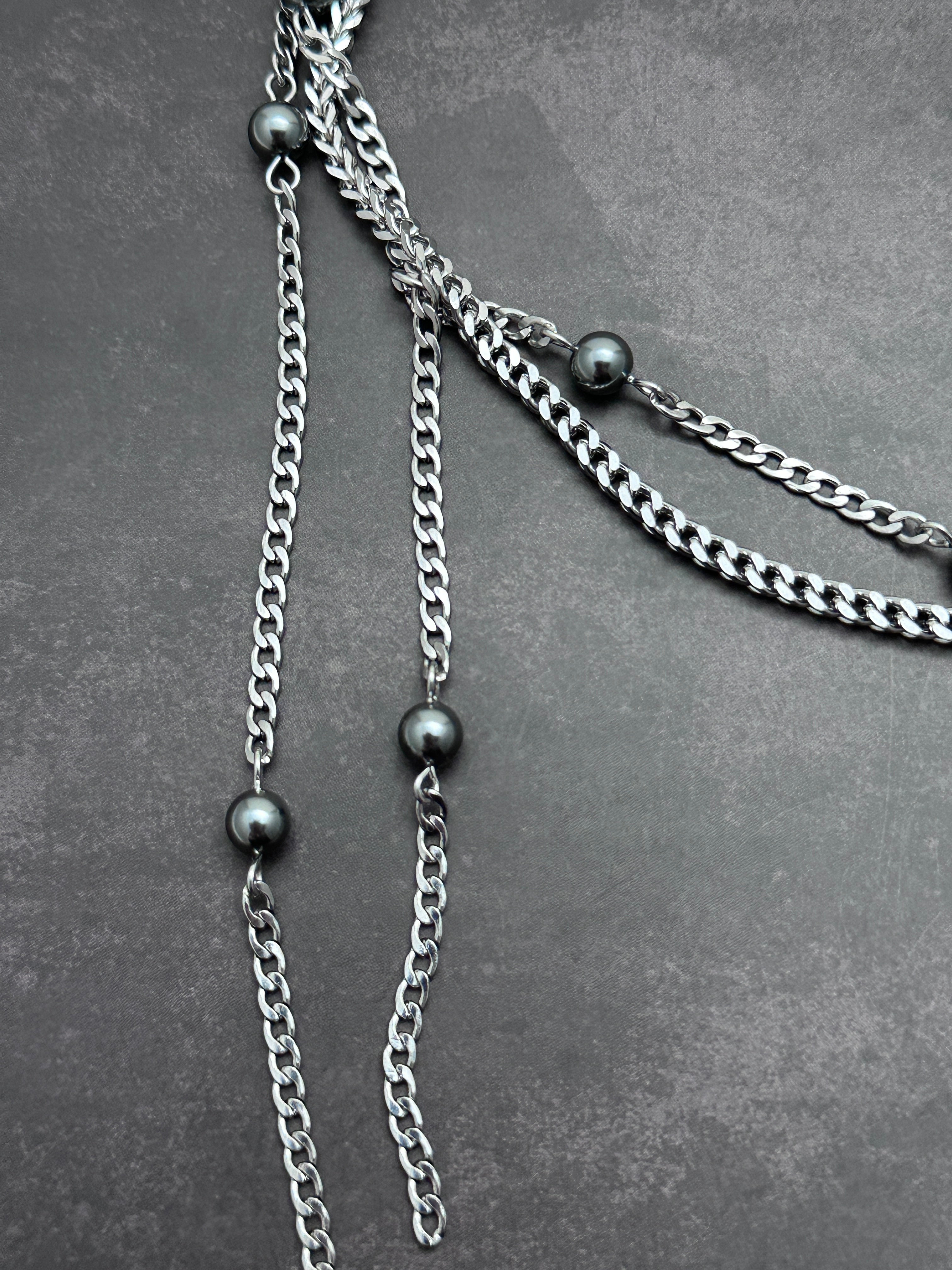 Starry Chain Statement Necklace | Dark Grey Pearls Soft-Industrial Necklace with Elegant Strength